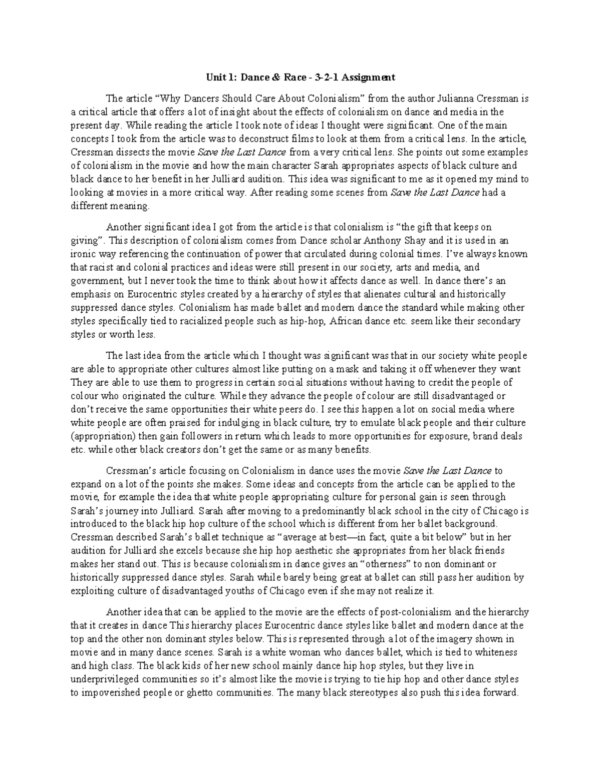 Unit 1 - Dance & Race 3-2-1 Assignment - Unit 1: Dance & Race - 3-2-1 ...