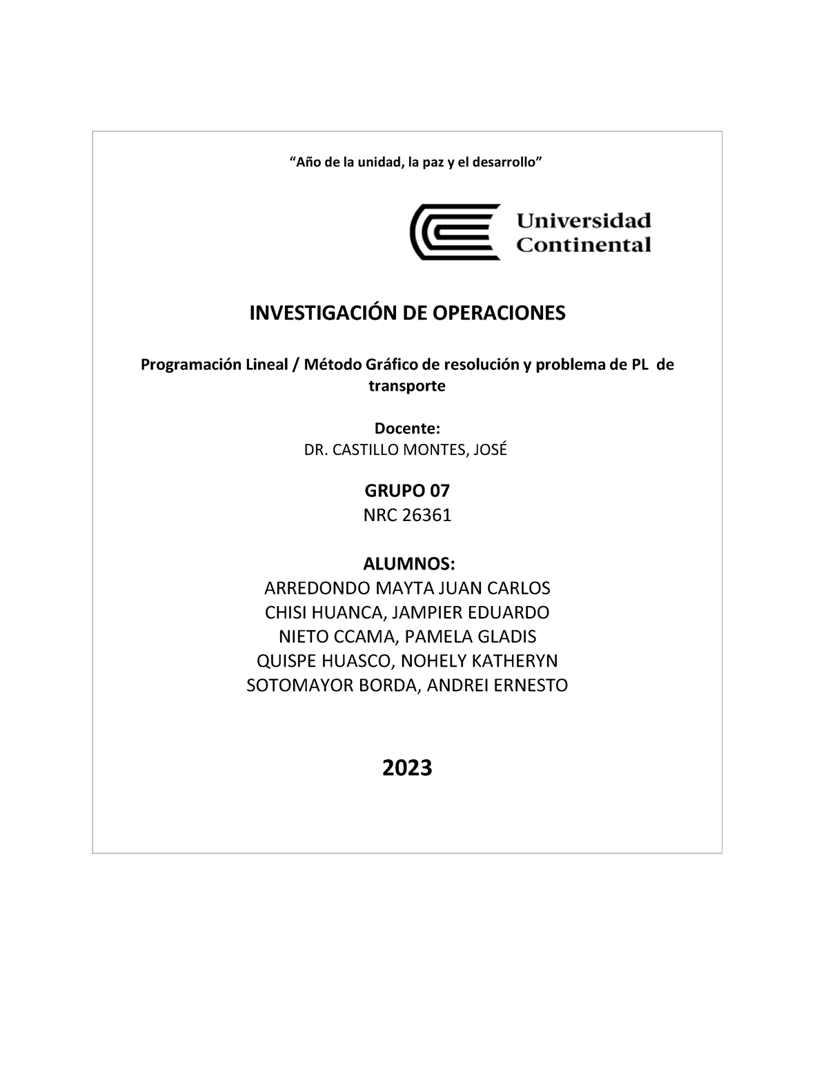 PA1 - INV. OP - Grupo 7 NRC26361 2023 - “Año De La Unidad, La Paz Y El ...