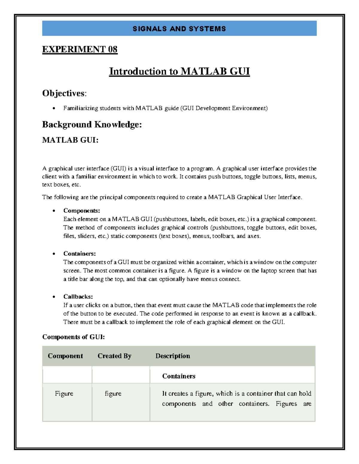 Lab8sns NOtes EXPERIMENT 08 Introduction to MATLAB GUI Objectives