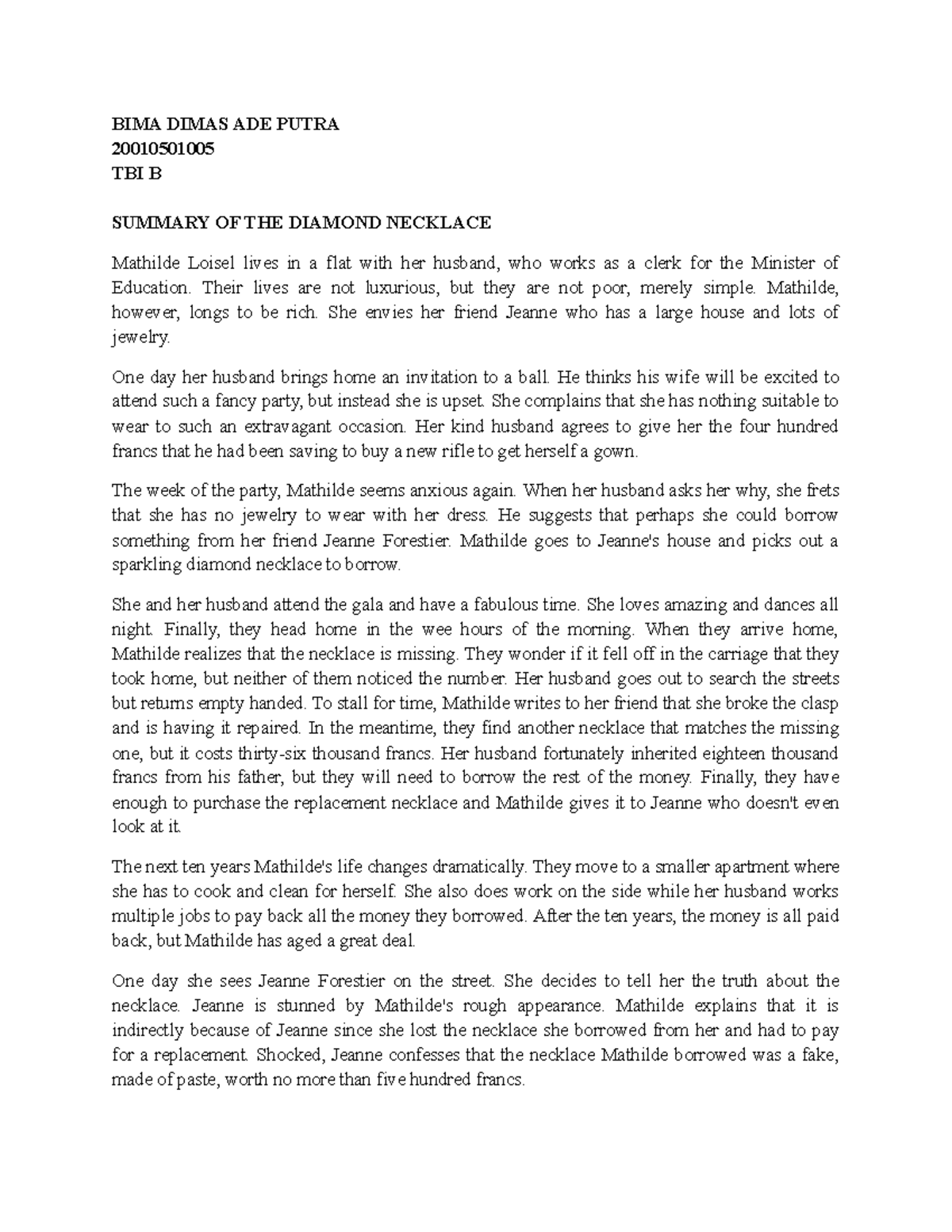 The Diamond Necklace BIMA DIMAS ADE PUTRA 20010501005 TBI B SUMMARY