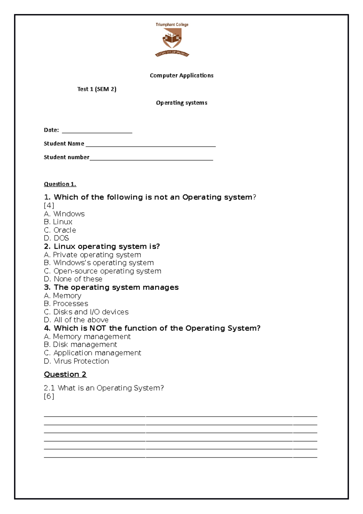 Computer Applications OS test Computer Applications Test 1 (SEM 2