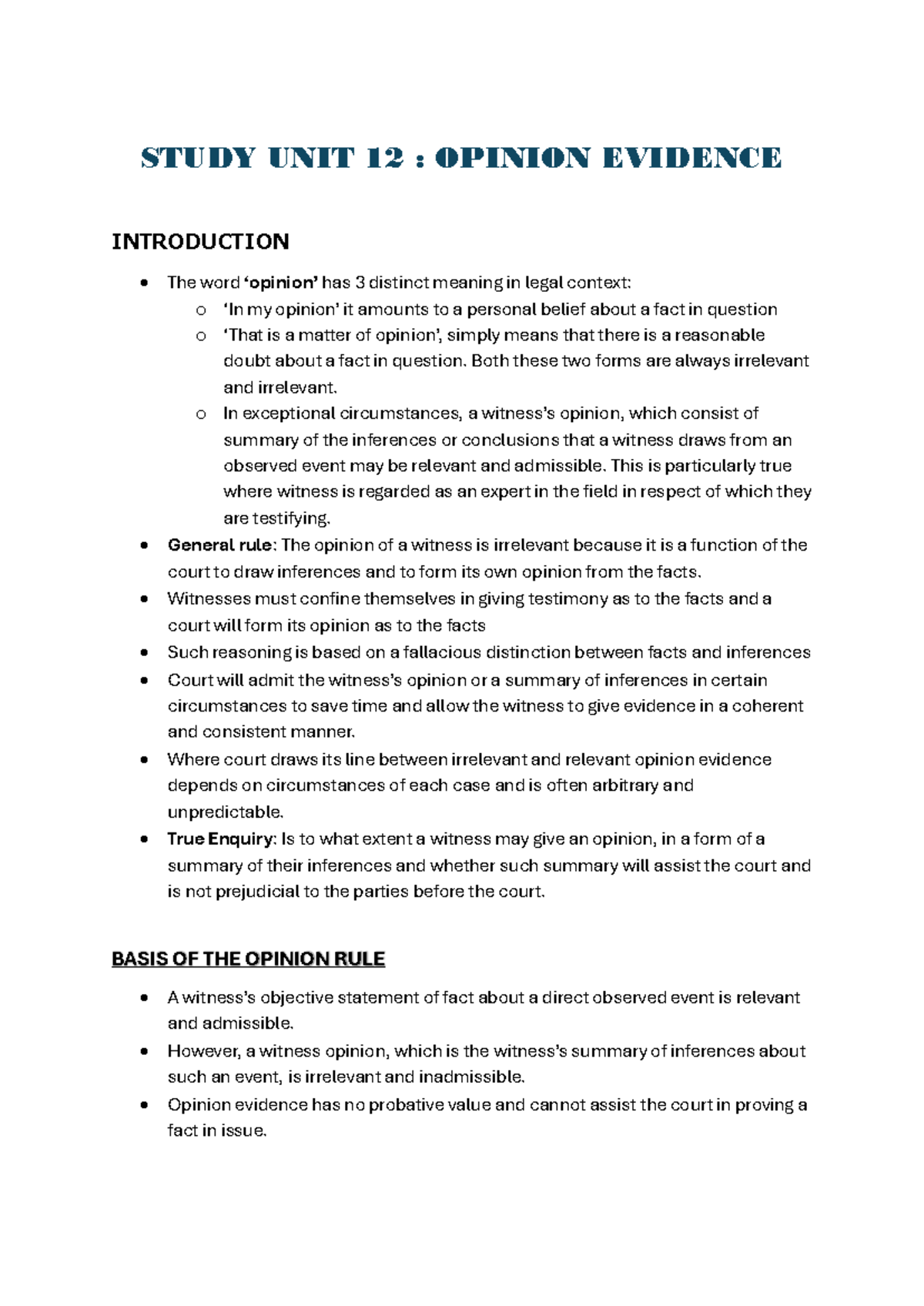 Study Unit 12-14 Notes - Summary Law of Evidence - STUDY UNIT 12 ...