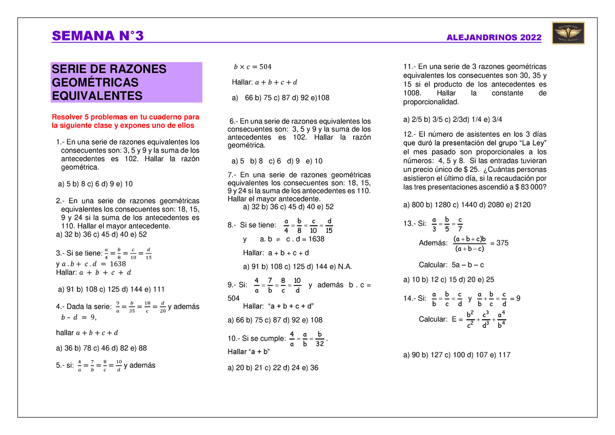 Arit Nivel Avanzado Sem3 Serie De Razones Geométricas Equivalentes Semana N∞3 Alejandrinos