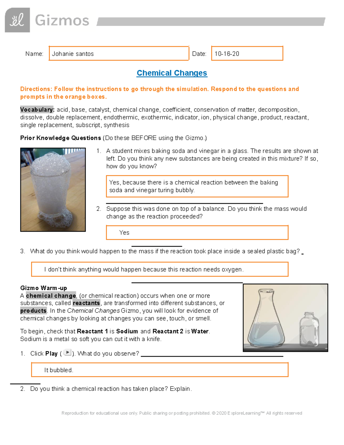 Chemical Changes SE - gizmo - CHEM 101 - VCU - Studocu