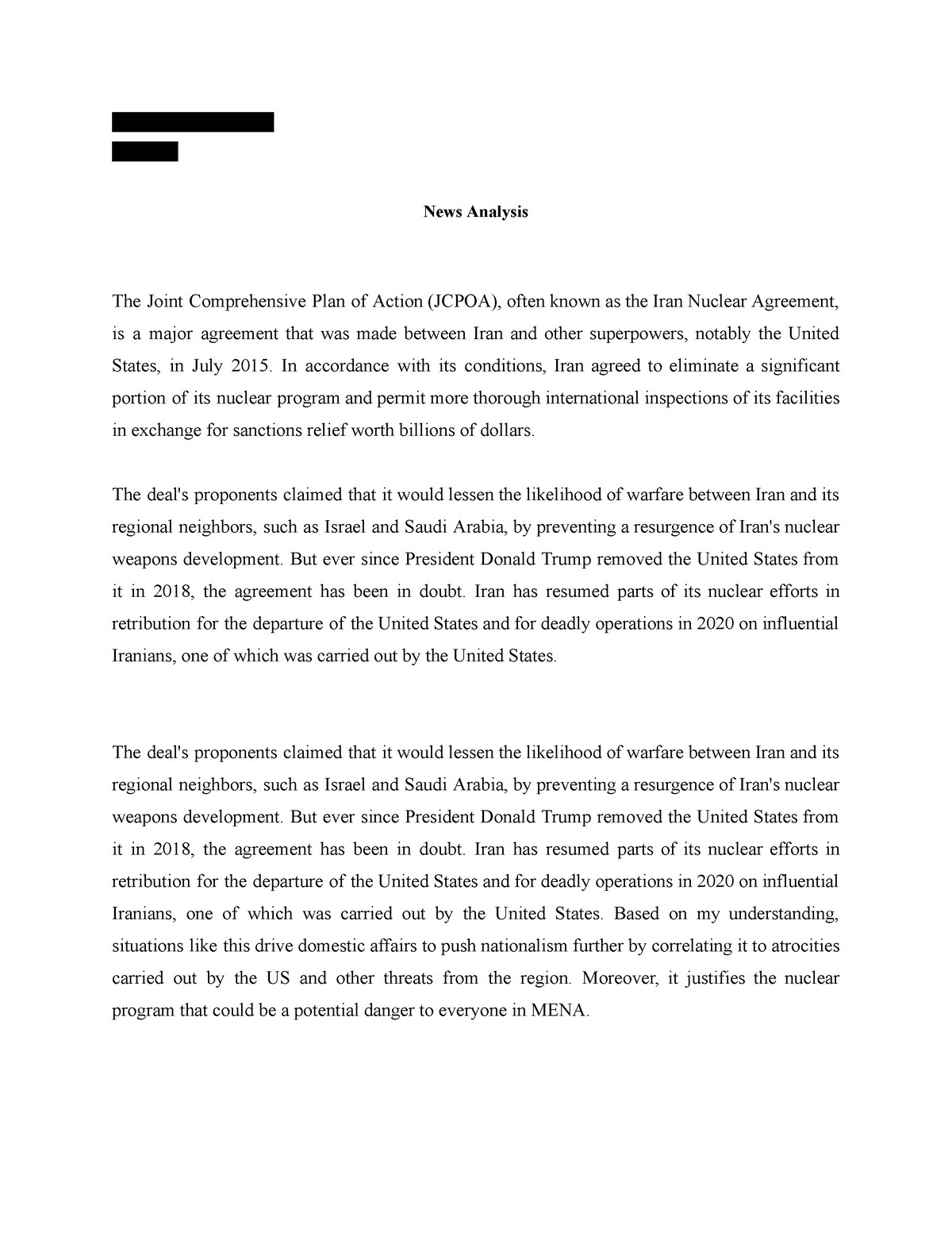 News Analysis On The Joint Comprehensive Plan Of Action ( Jcpoa ...