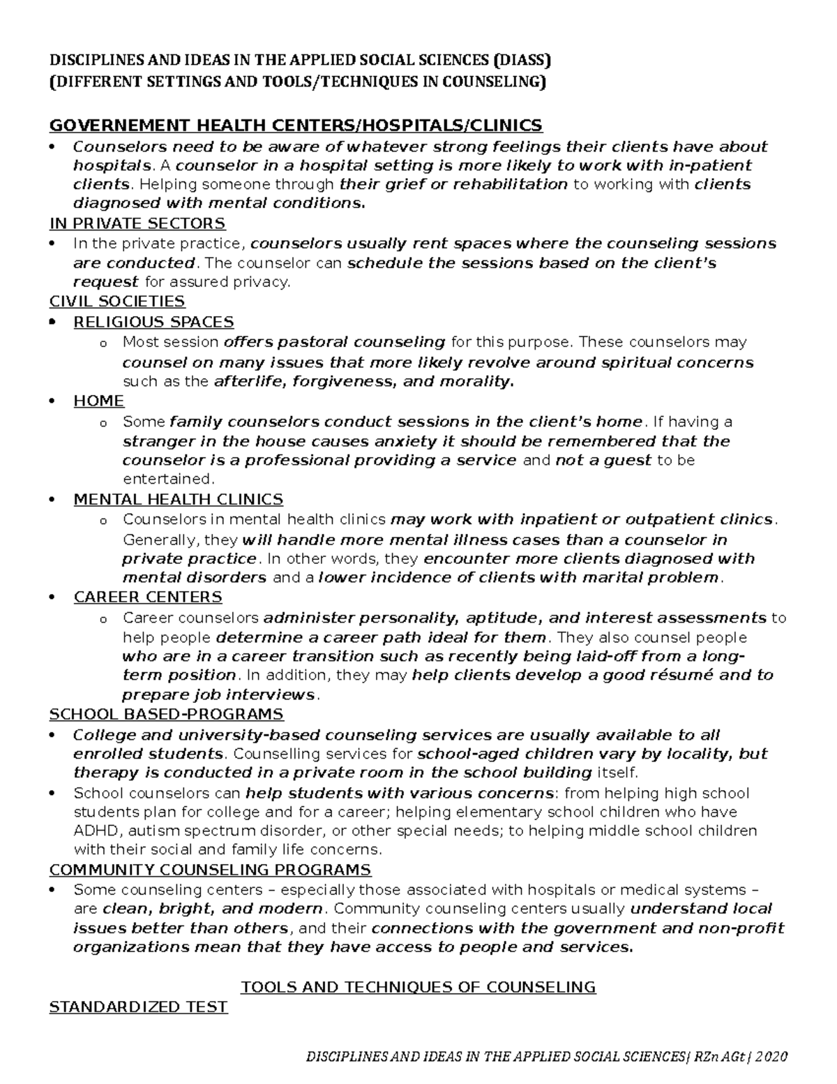 Diass Different Settings and Tools and Techniques in Counseling ...