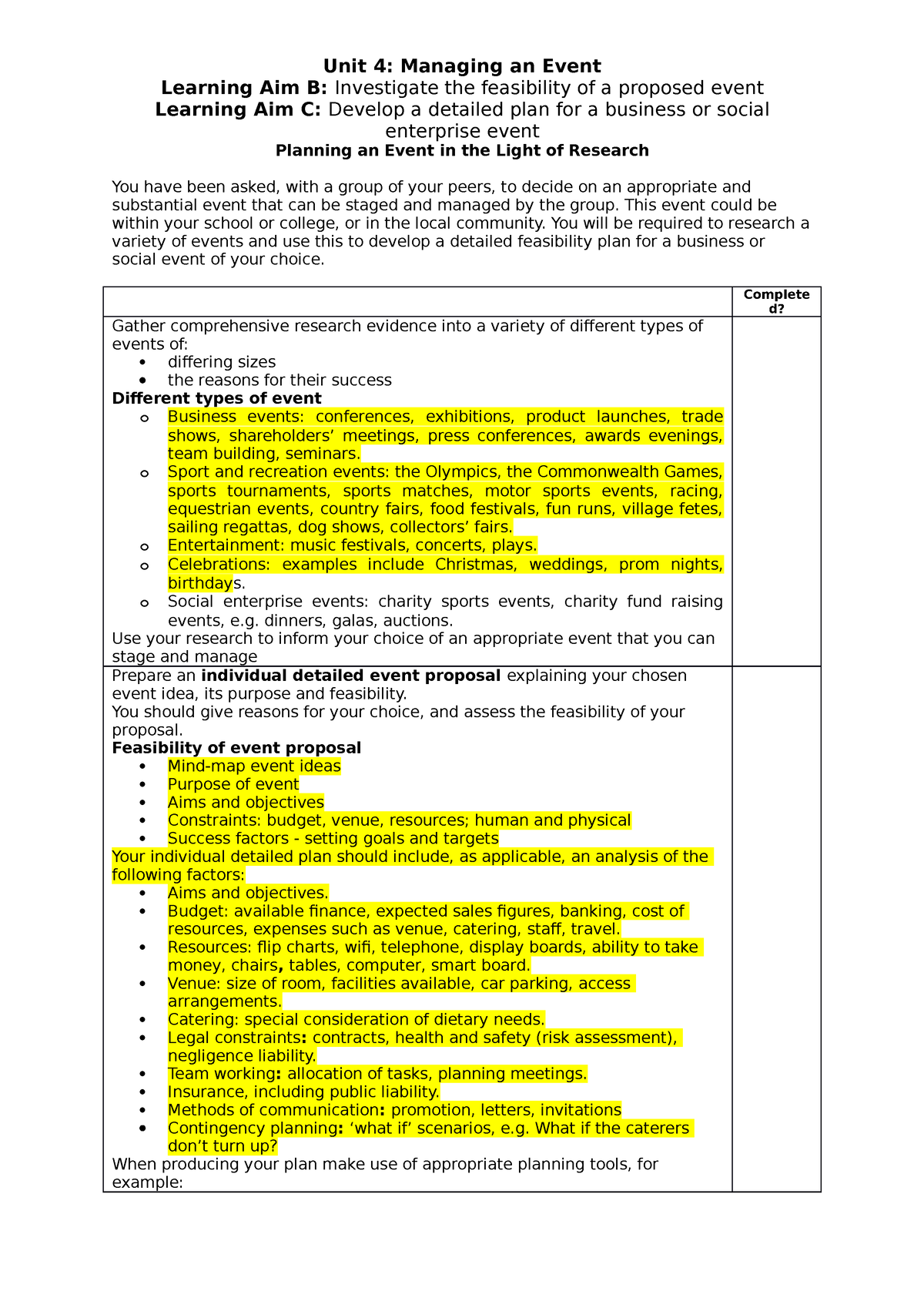 Learning Aim B C Tick List-2 - Unit 4: Managing An Event Learning Aim B ...