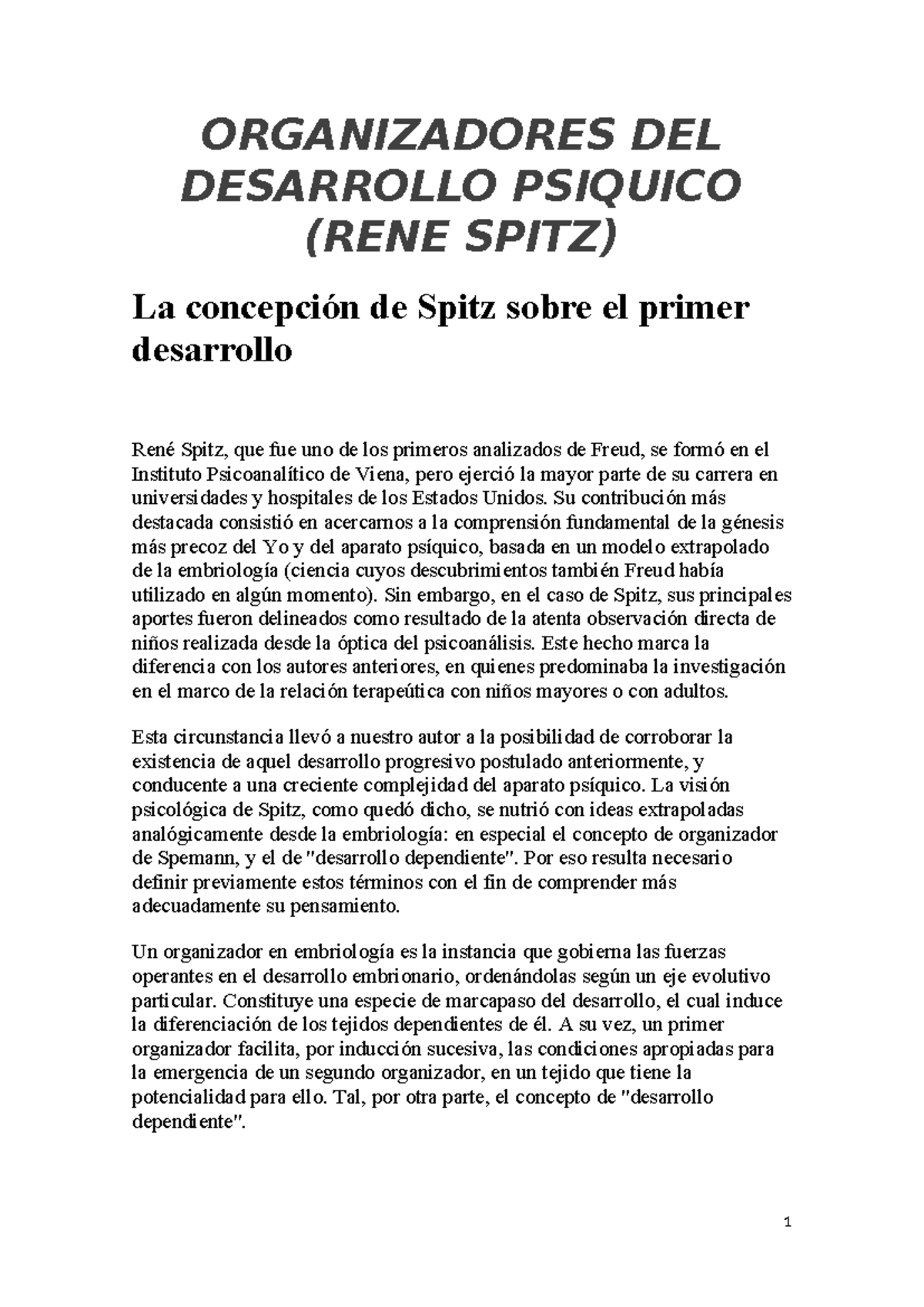 SPitz conceptos - ORGANIZADORES DEL DESARROLLO PSIQUICO (RENE SPITZ) La ...