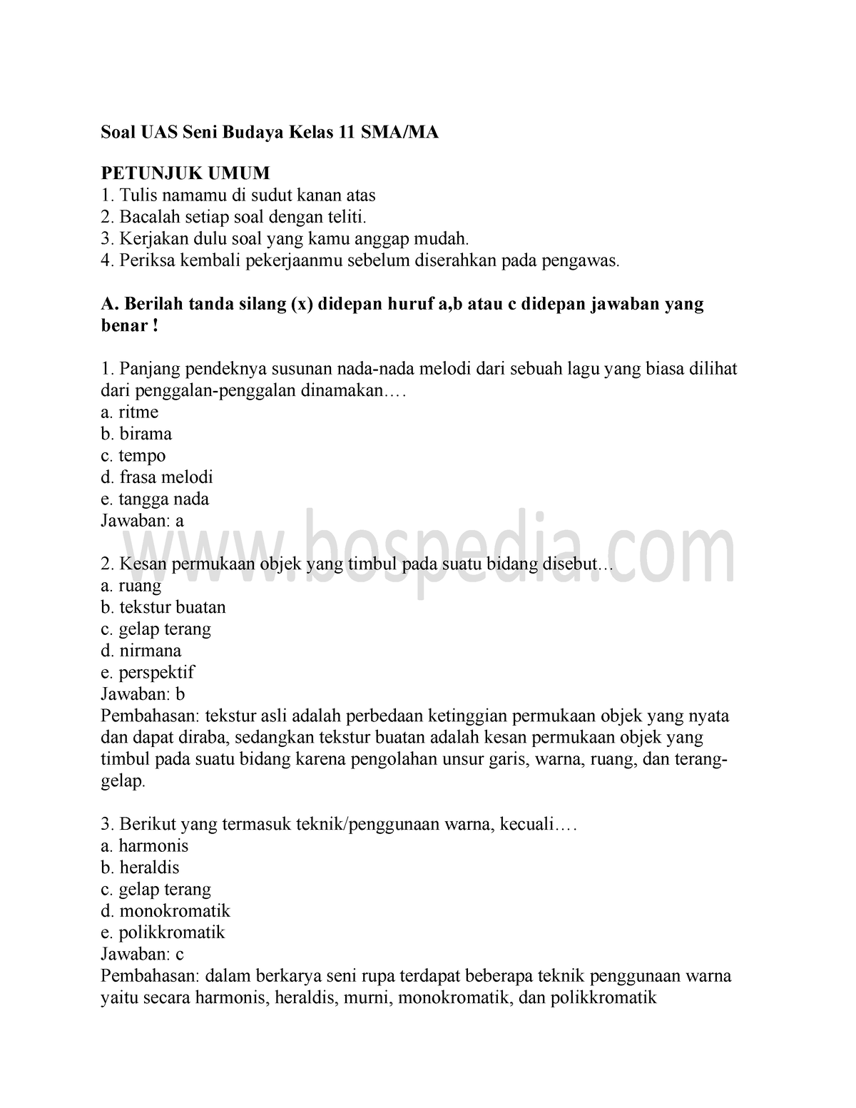 50+ Contoh Soal UAS Seni Budaya Kelas 11 SMA MA Dan Kunci Jawabnyax ...