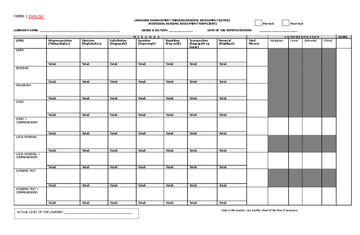 FORM-1 Individual-Reading-Assessment-Form 2 - FORM 1 ENGLISH LANGUAGE ...