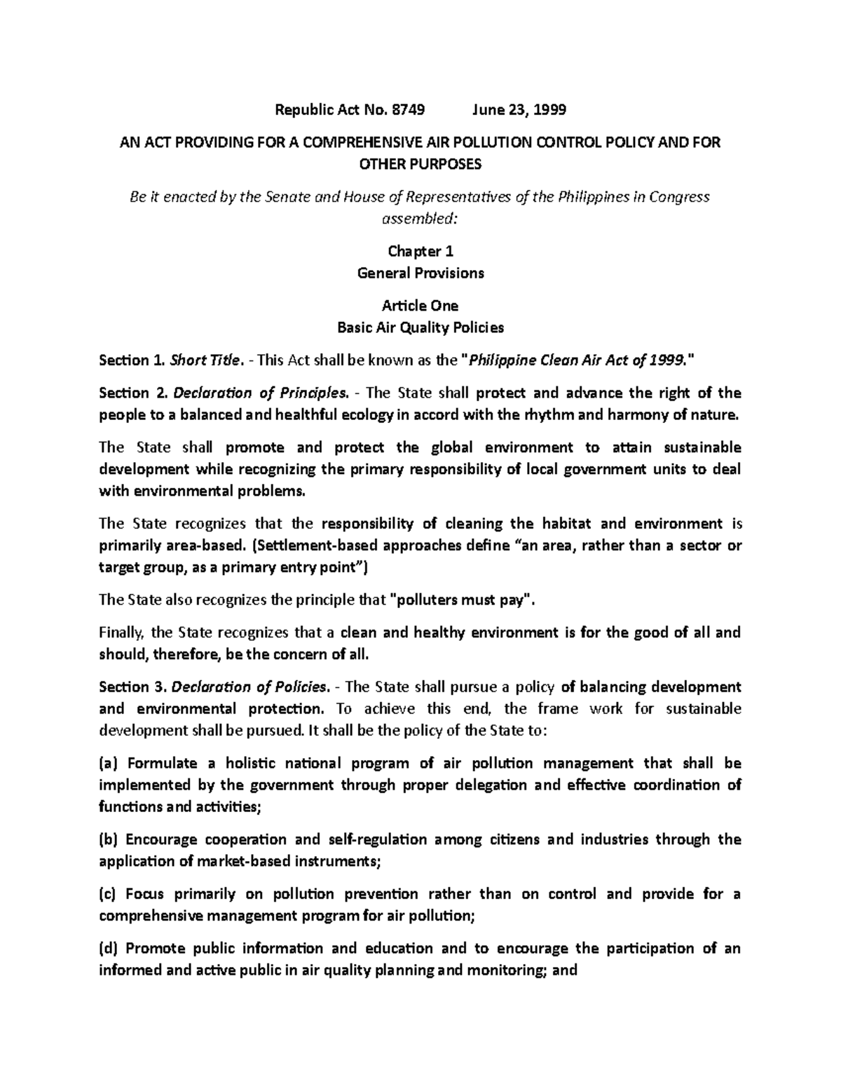 Clean AIR ACT LAW RA 8749 Republic Act No. 8749 June 23, 1999 AN ACT