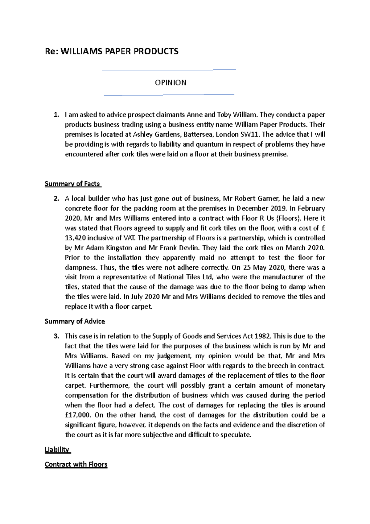 Re Williams Re WILLIAMS PAPER PRODUCTS OPINION I am asked to advice prospect claimants Anne