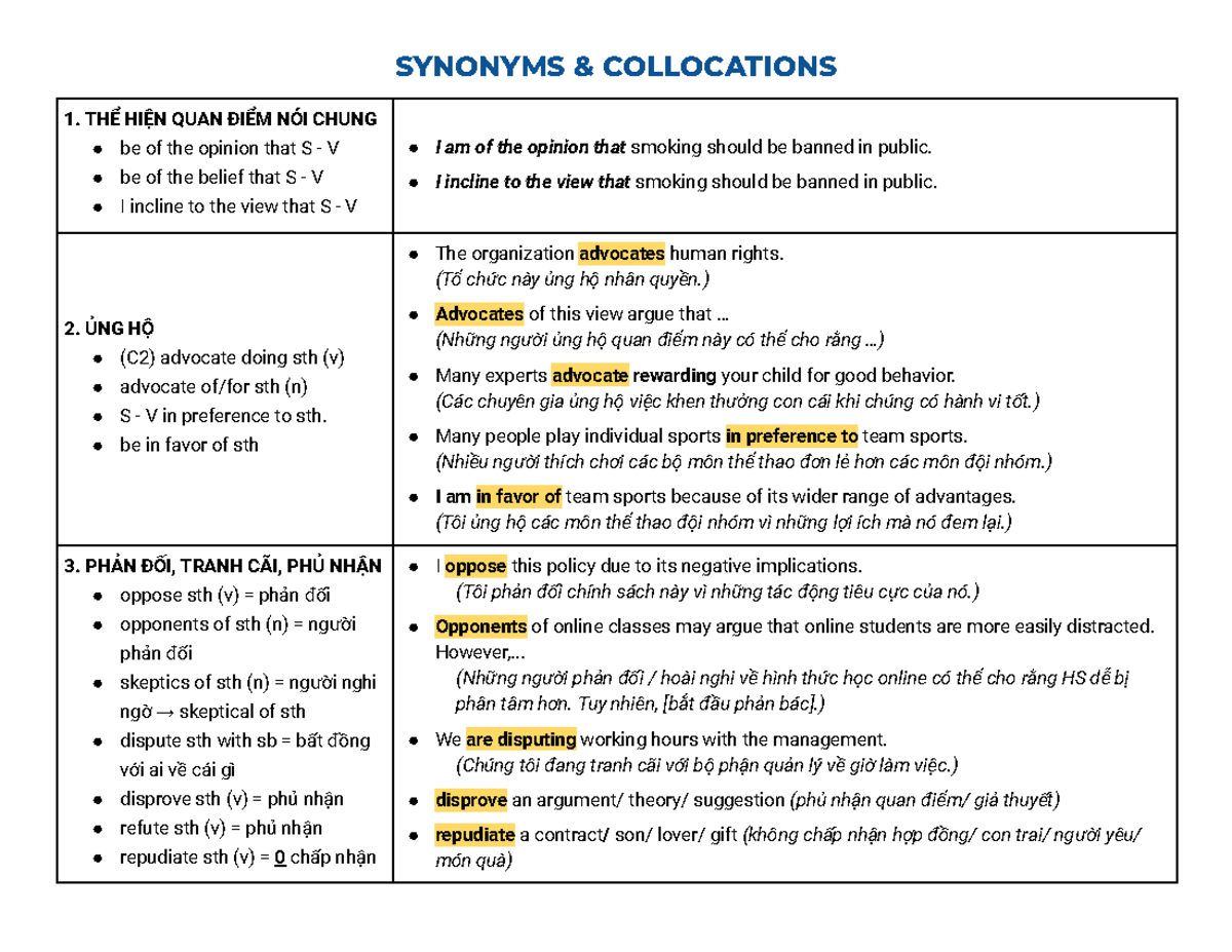 9.3[KEY] Synonyms & Collocations - SYNONYMS & COLLOCATIONS 1. THỂ HIỆN ...