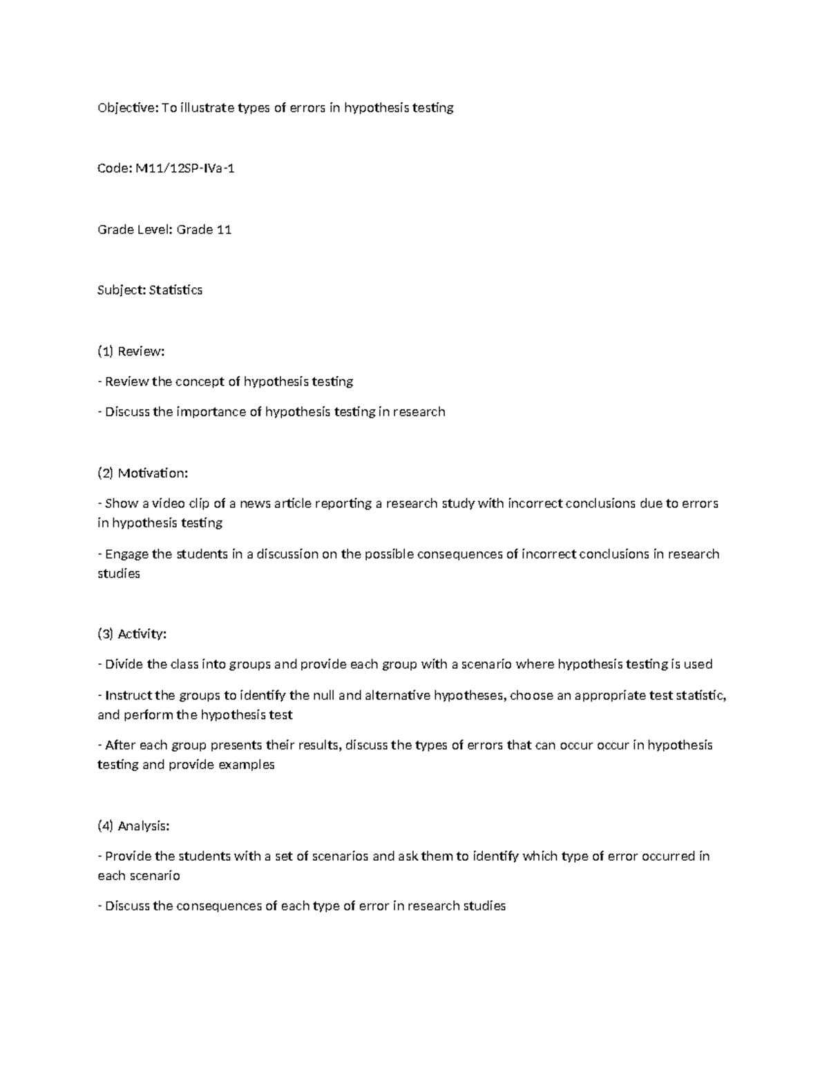 LP COT Lesson Plan sample Objective To illustrate types of errors
