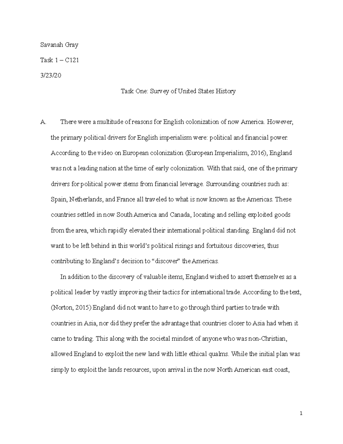 History task 1 Survey of the United states essay task 1 Savanah