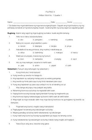 FILIPINO 8 IKALAWANG MARKAHAN LAS Q2 WEEK 7 - WORKSHEET SA FILIPINO 8 ...