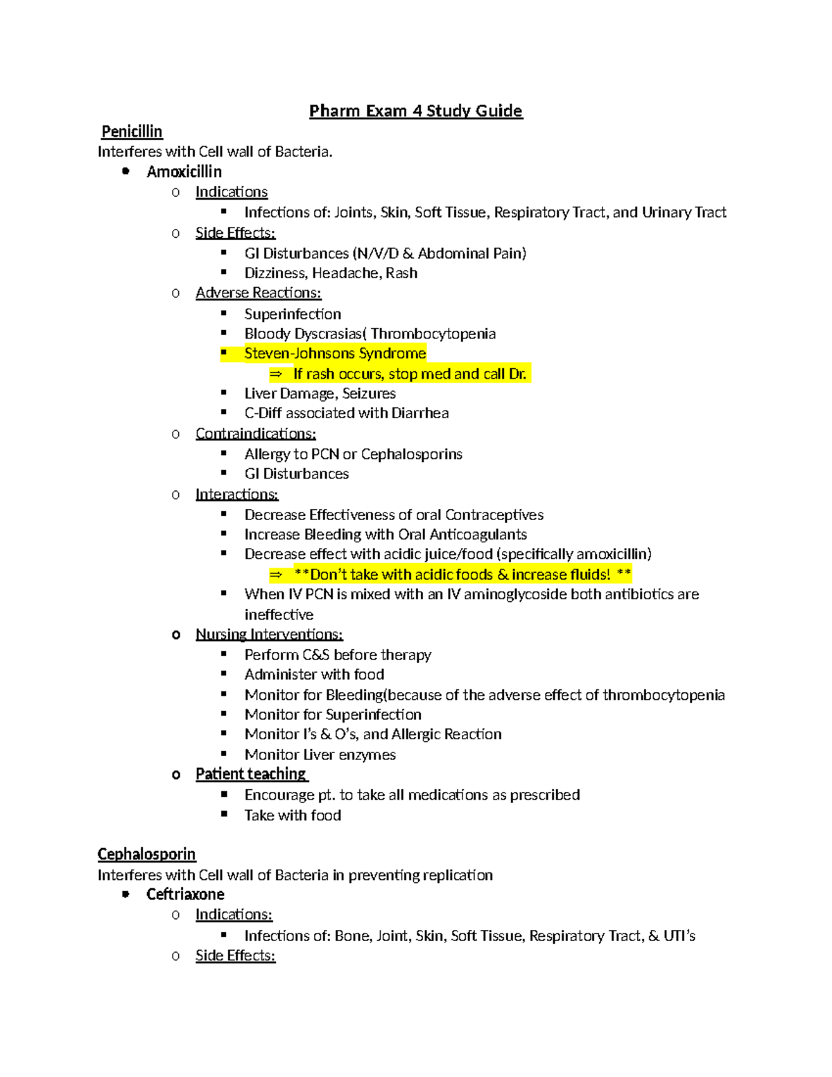 Pharm Exam 4 Study Guide - Pharm Exam 4 Study Guide Penicillin ...