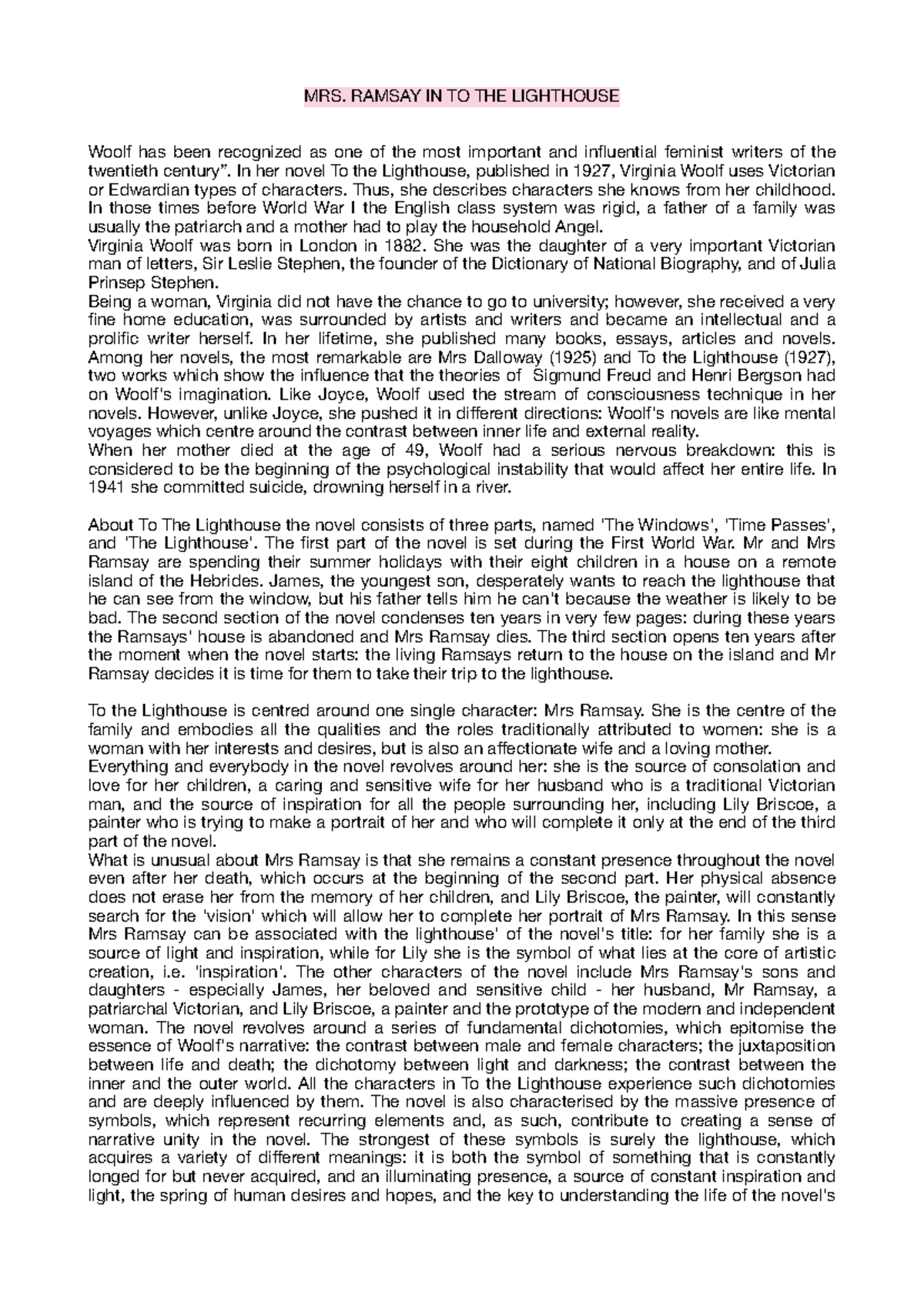 MRS. Ramsay-LE Donneo - MRS. RAMSAY IN TO THE LIGHTHOUSE Woolf has been ...
