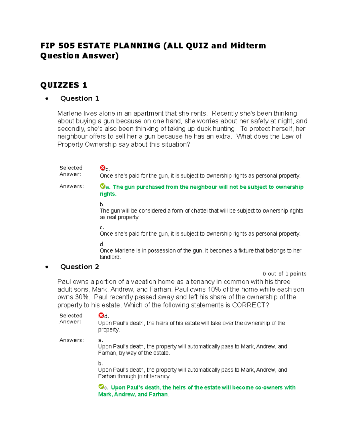 Estate Planning Final Exam Answers FIP 505 ESTATE PLANNING (ALL QUIZ