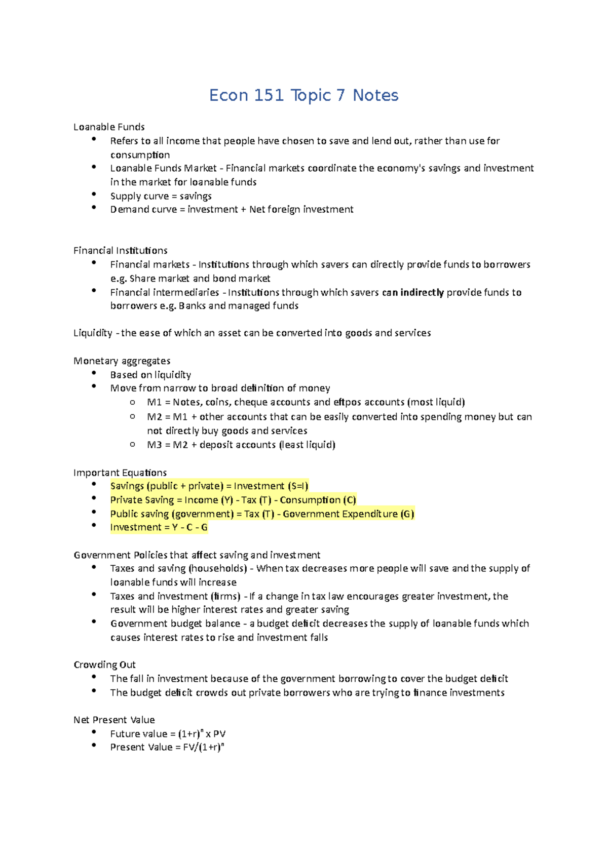 Econ 151 Topic 7 Notes - Econ 151 Topic 7 Notes Loanable Funds Refers ...