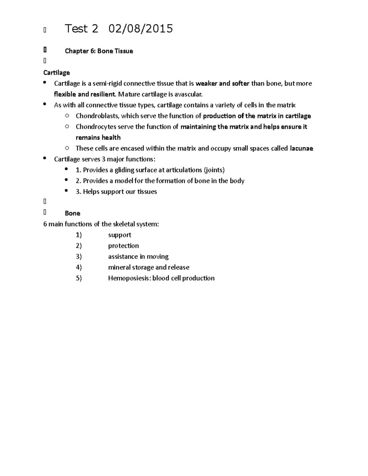 Human Anatomy TEST 2 - Test 2 Chapter 6: Bone Tissue Cartilage ...