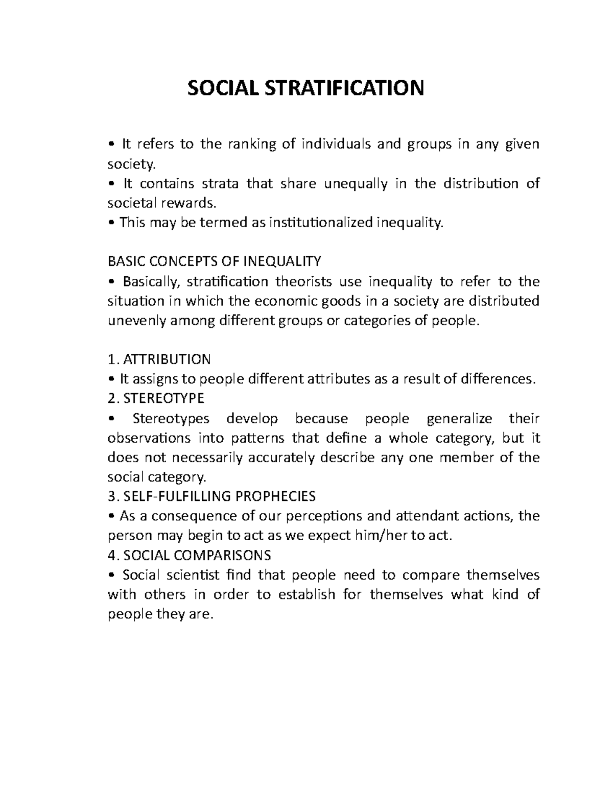 Social Stratification (Notes) - SOCIAL STRATIFICATION It refers to the ...
