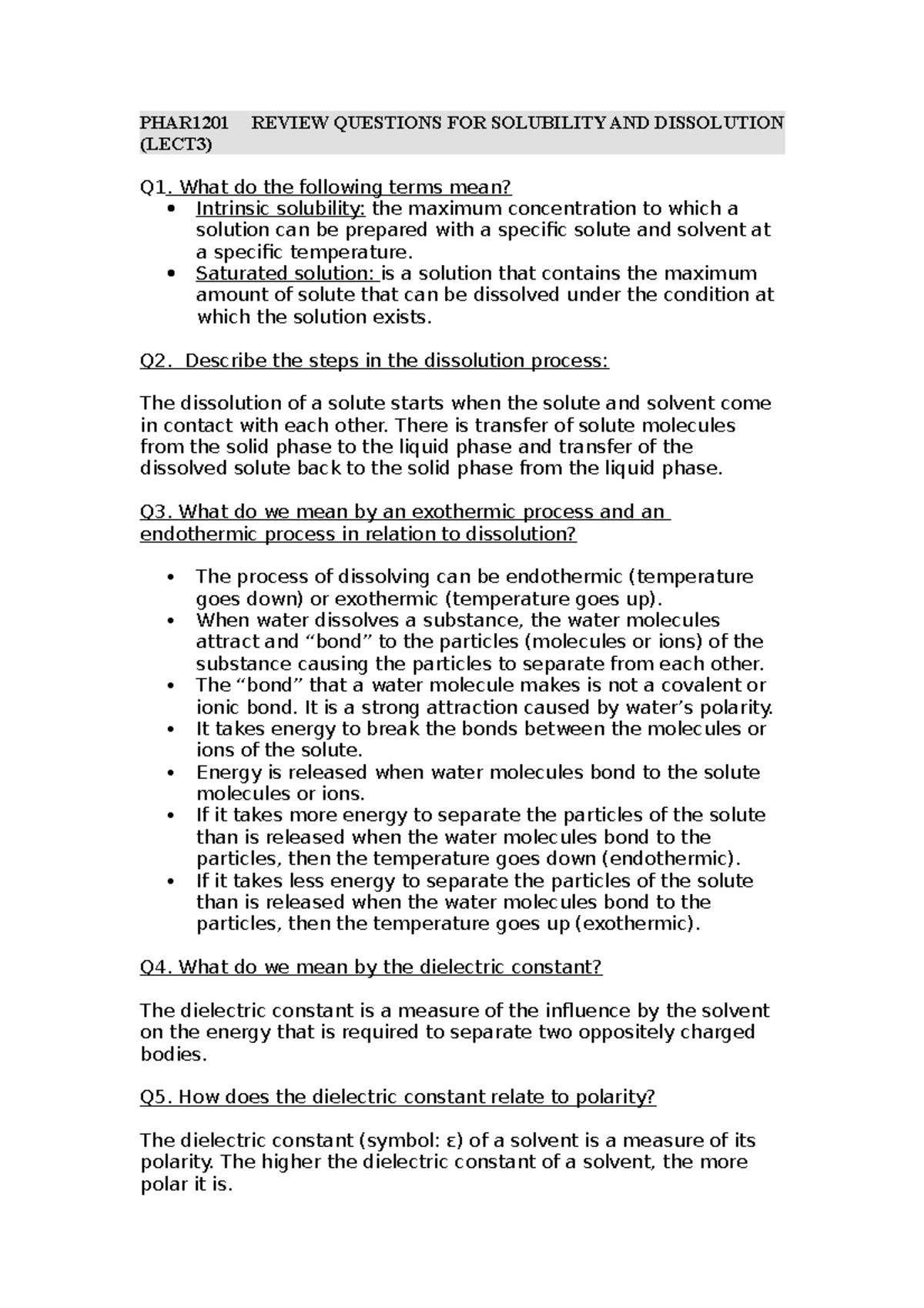 Lecture 3 and 4 Review summary - PHAR1201 REVIEW QUESTIONS FOR ...