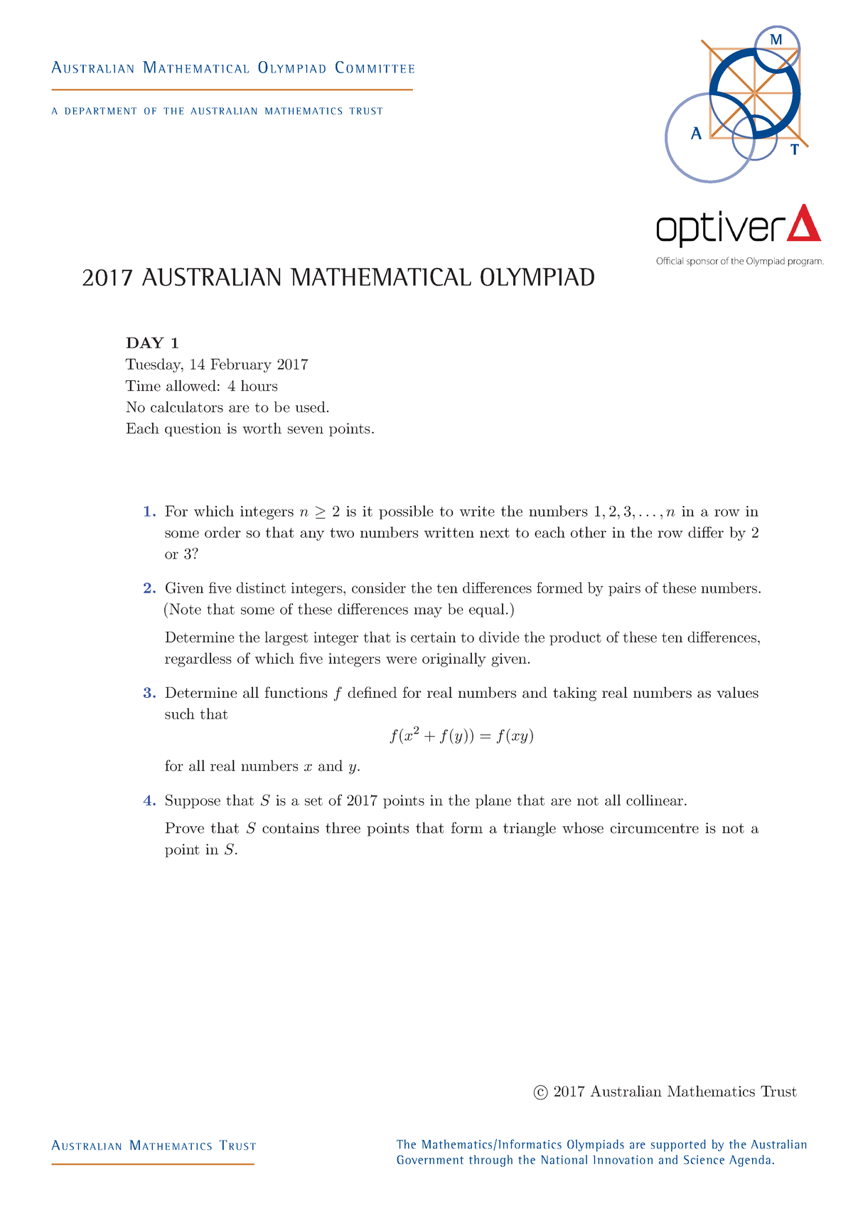 2017 AMO Paper and Solutions 2017 AUSTRALIAN MATHEMATICAL OLYMPIAD A