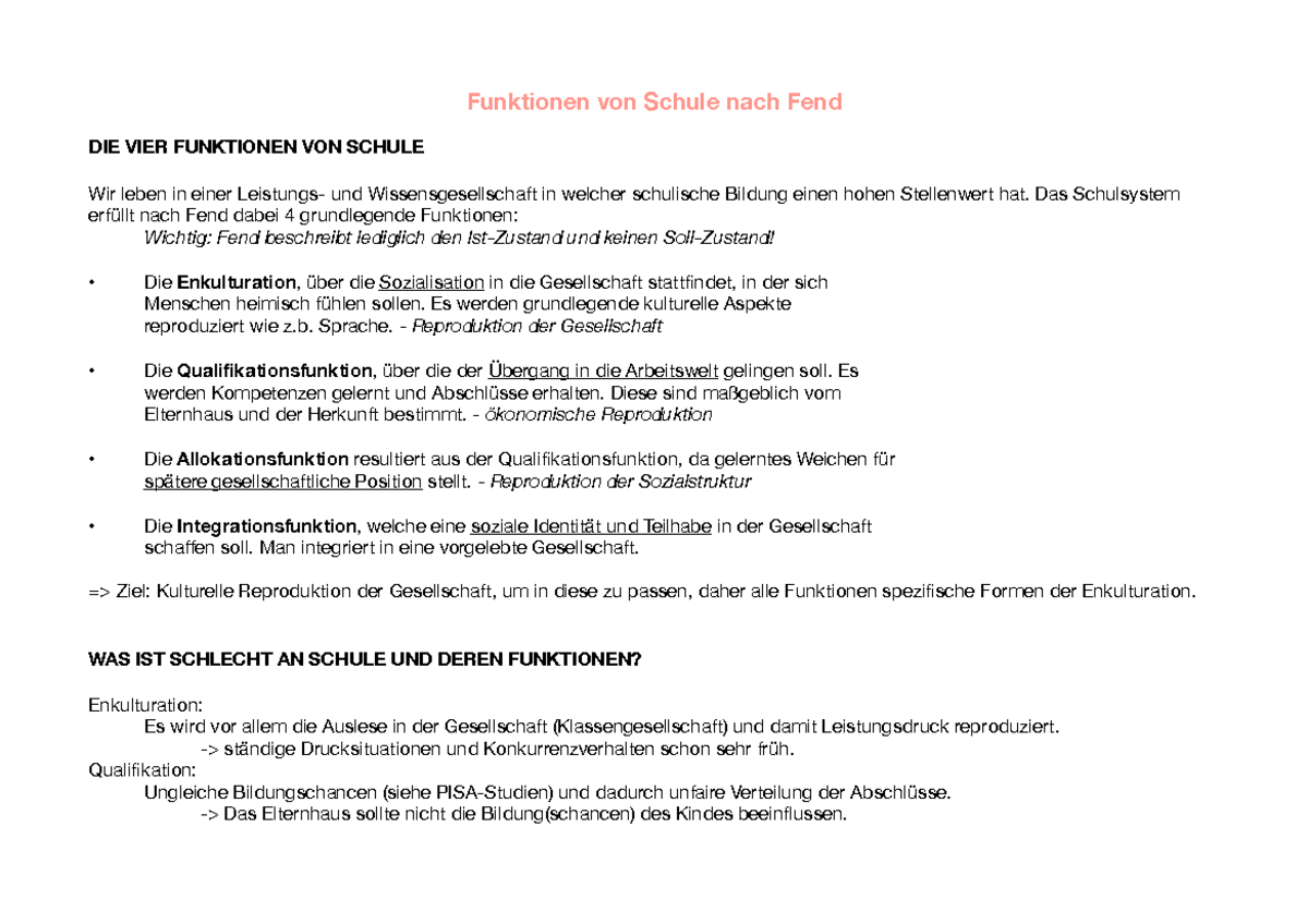 Fend Funktionen Von Schule Funktion von Schule - Zusammenfassung - Funktionen von Schule nach Fend