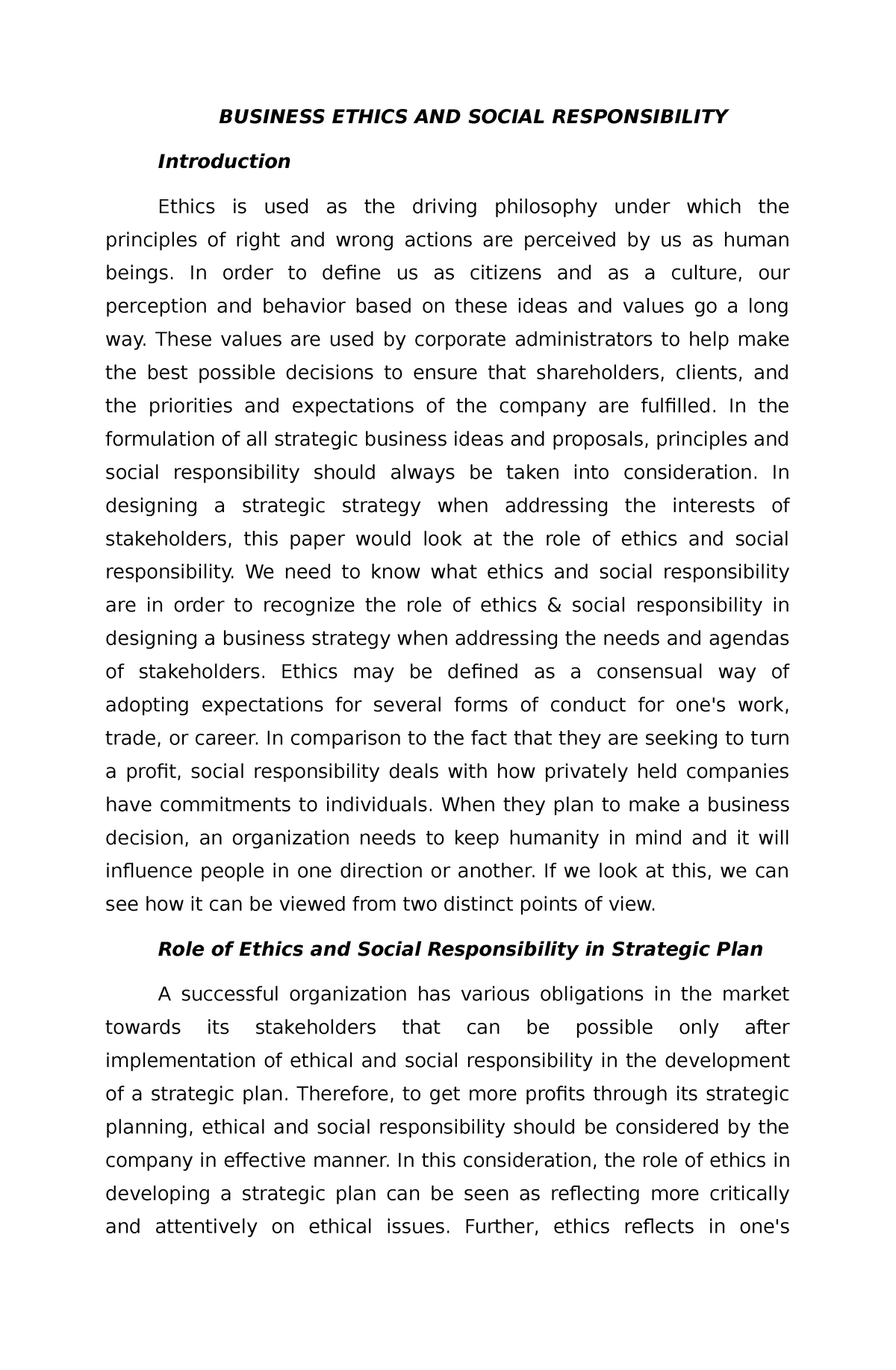 business ethics and social responsibility research paper