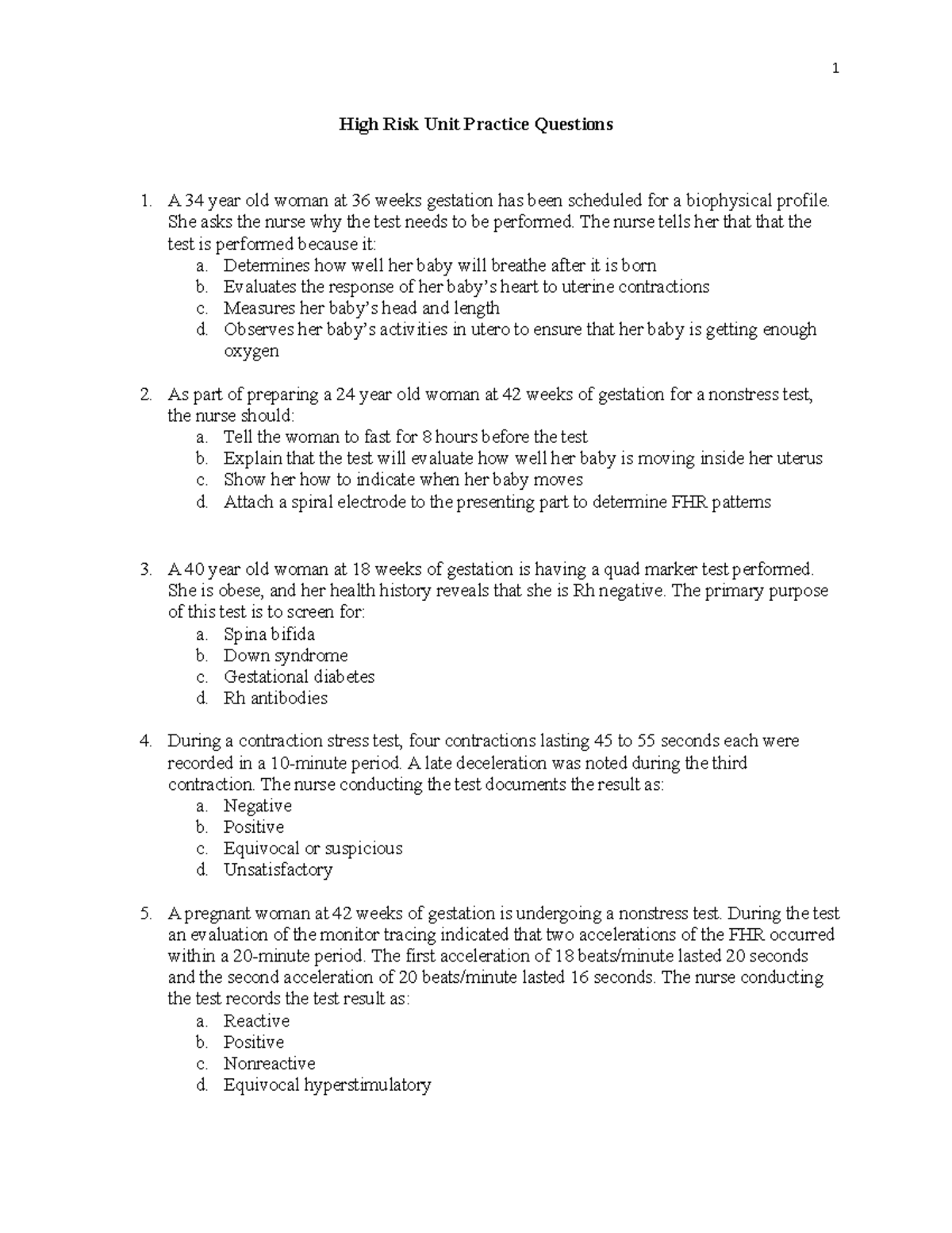 High Risk Study Lab Practice questions Student Ready - High Risk Unit ...
