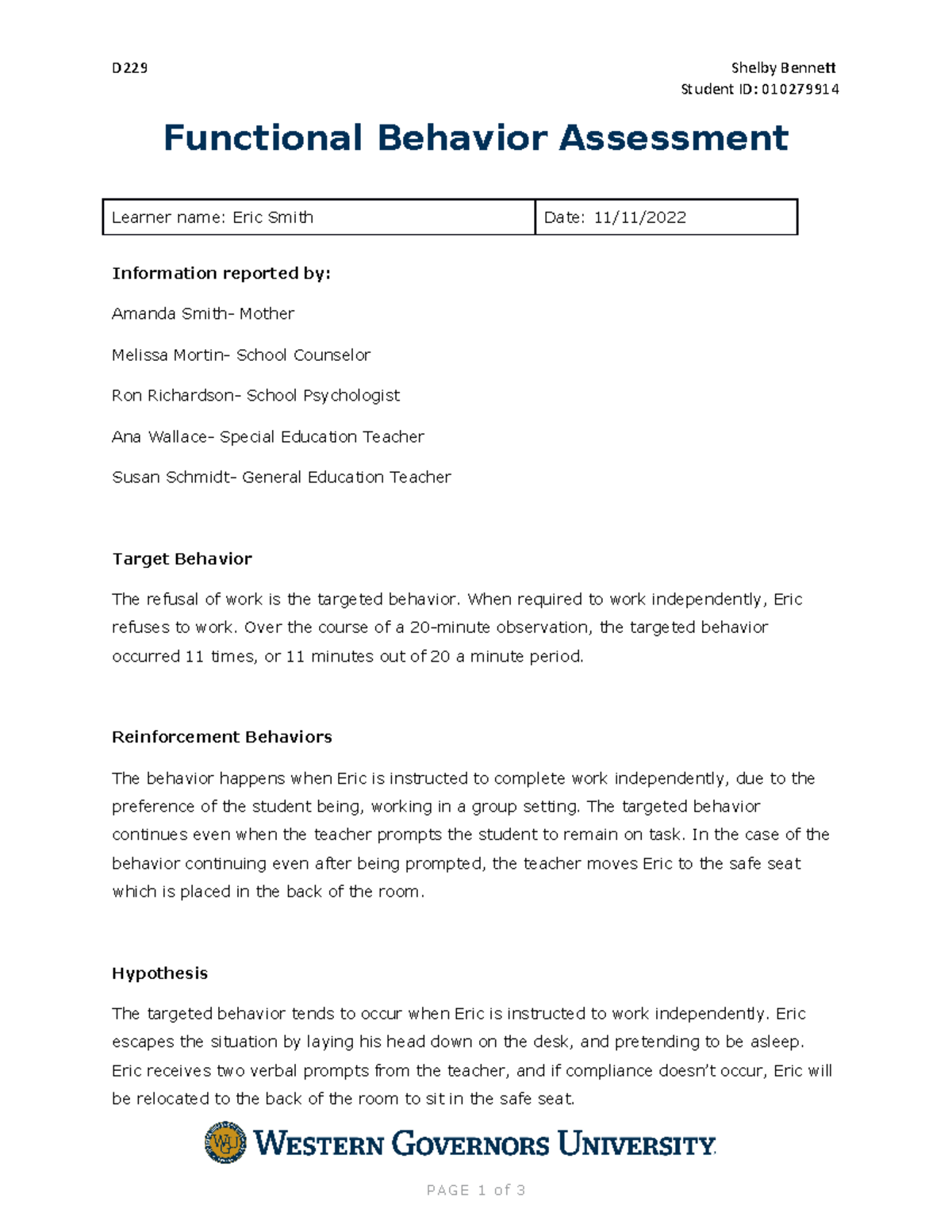 Functional Behavior Assessment Parts A And B - Student ID: 010279914 ...