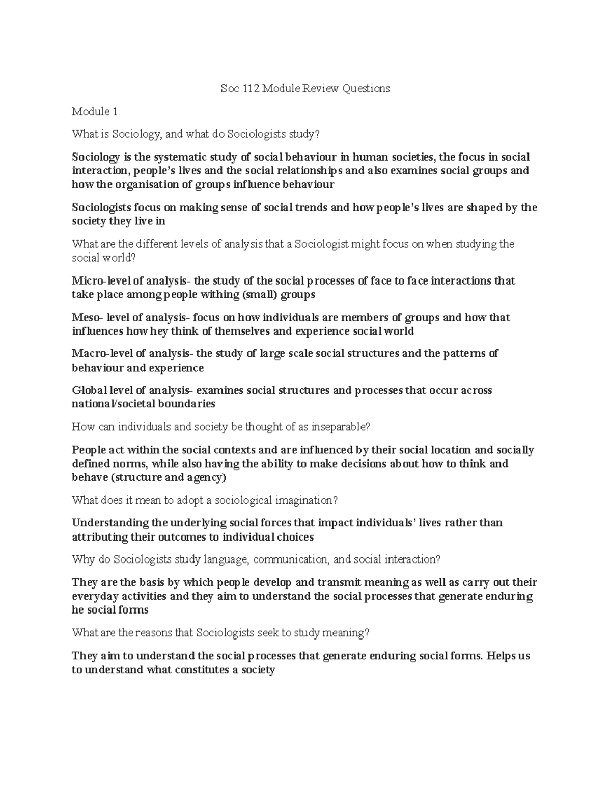 Soc 112 Module Review Questions Soc 112 Module Review Questions Module 1 What is Sociology