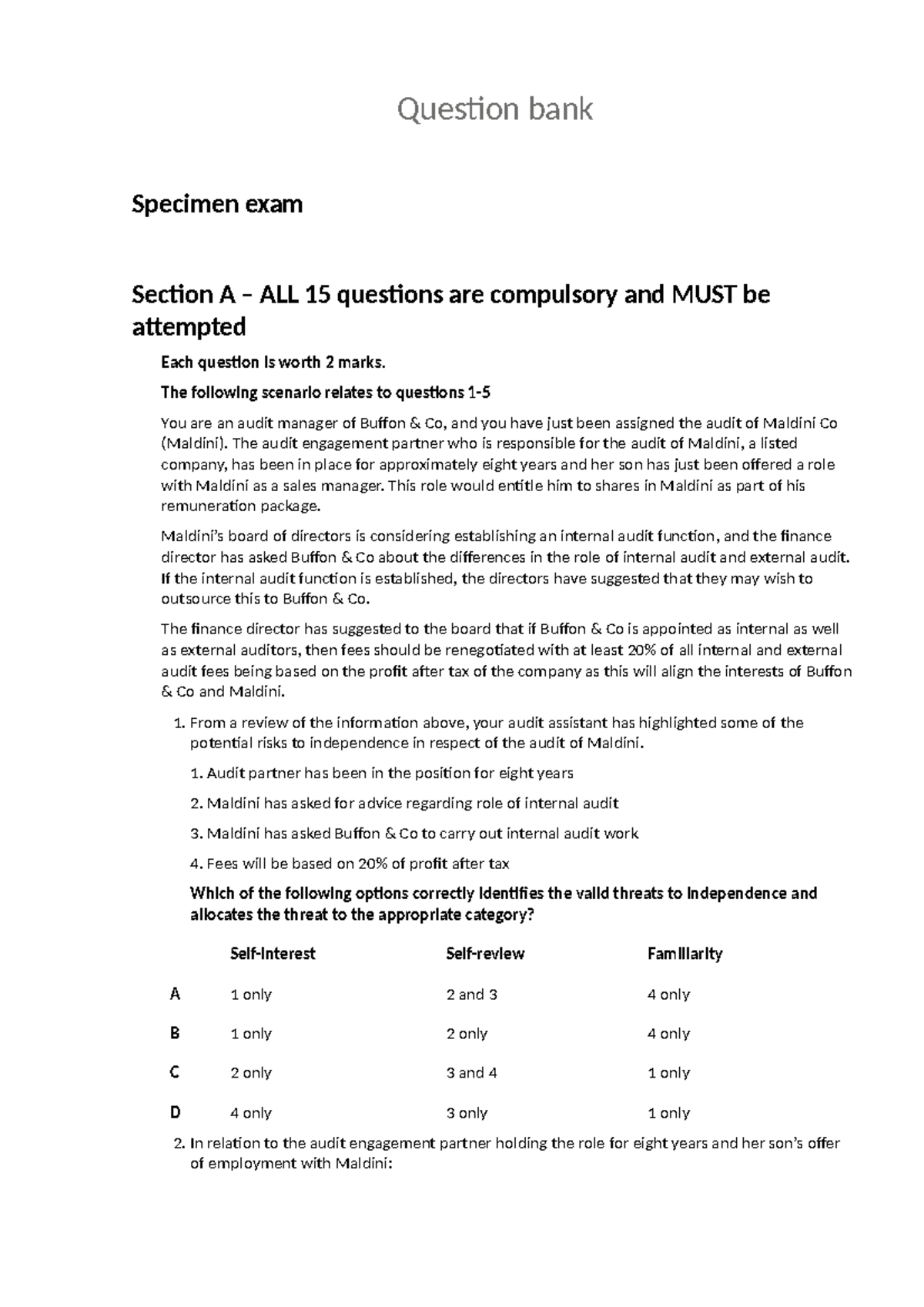 Question bank - sdafsdfgdgdfgsdgf - Question bank Specimen exam Section ...