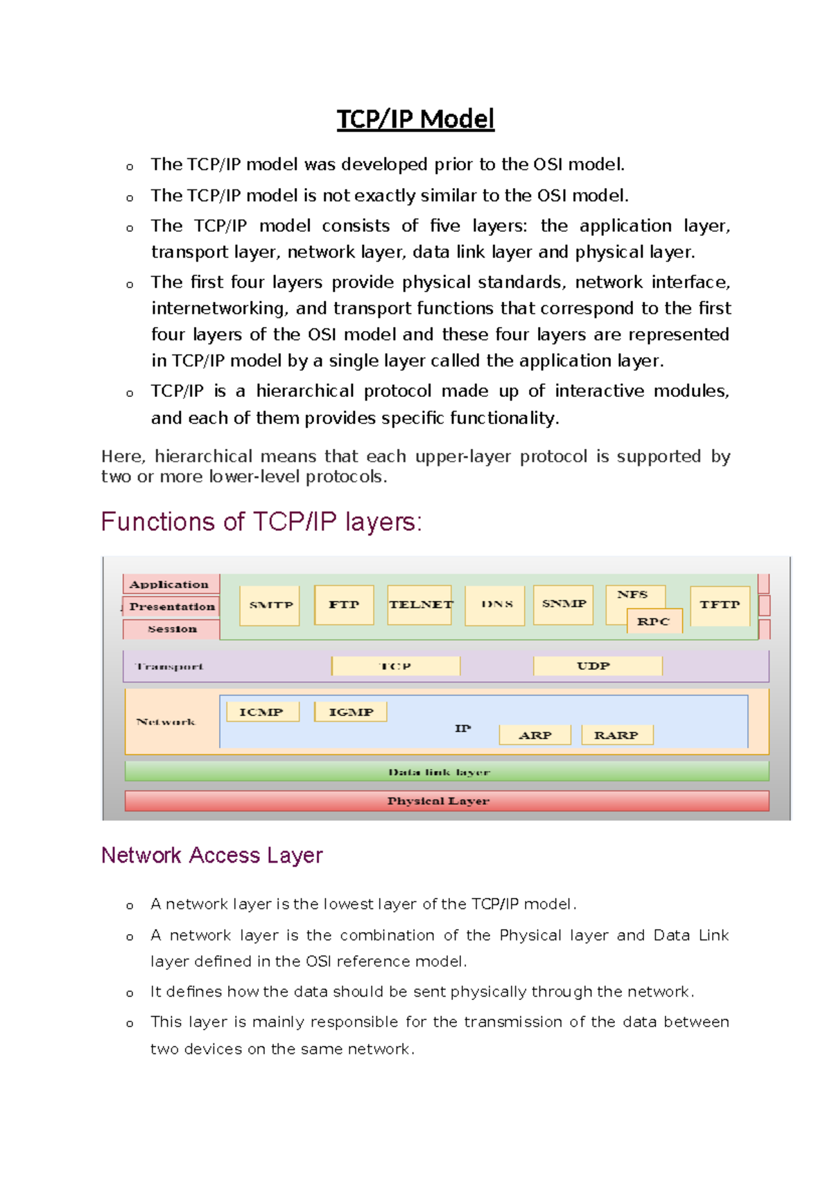 TCP - TCP/IP Model o The TCP/IP model was developed prior to the OSI ...