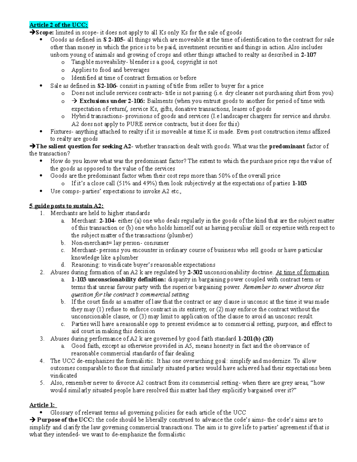 Outline Commercial Law - Article 2 of the UCC: Scope: limited in scope ...