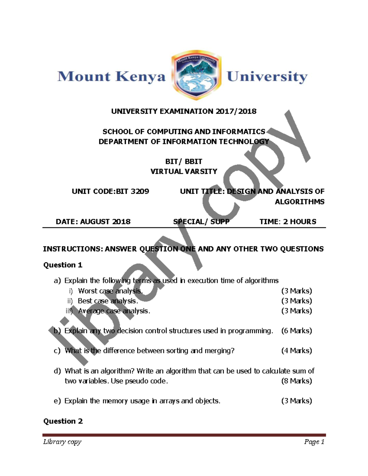 BIT3209 Design AND Analysis OF Algorithms Virtual SUPP - Library Copy ...