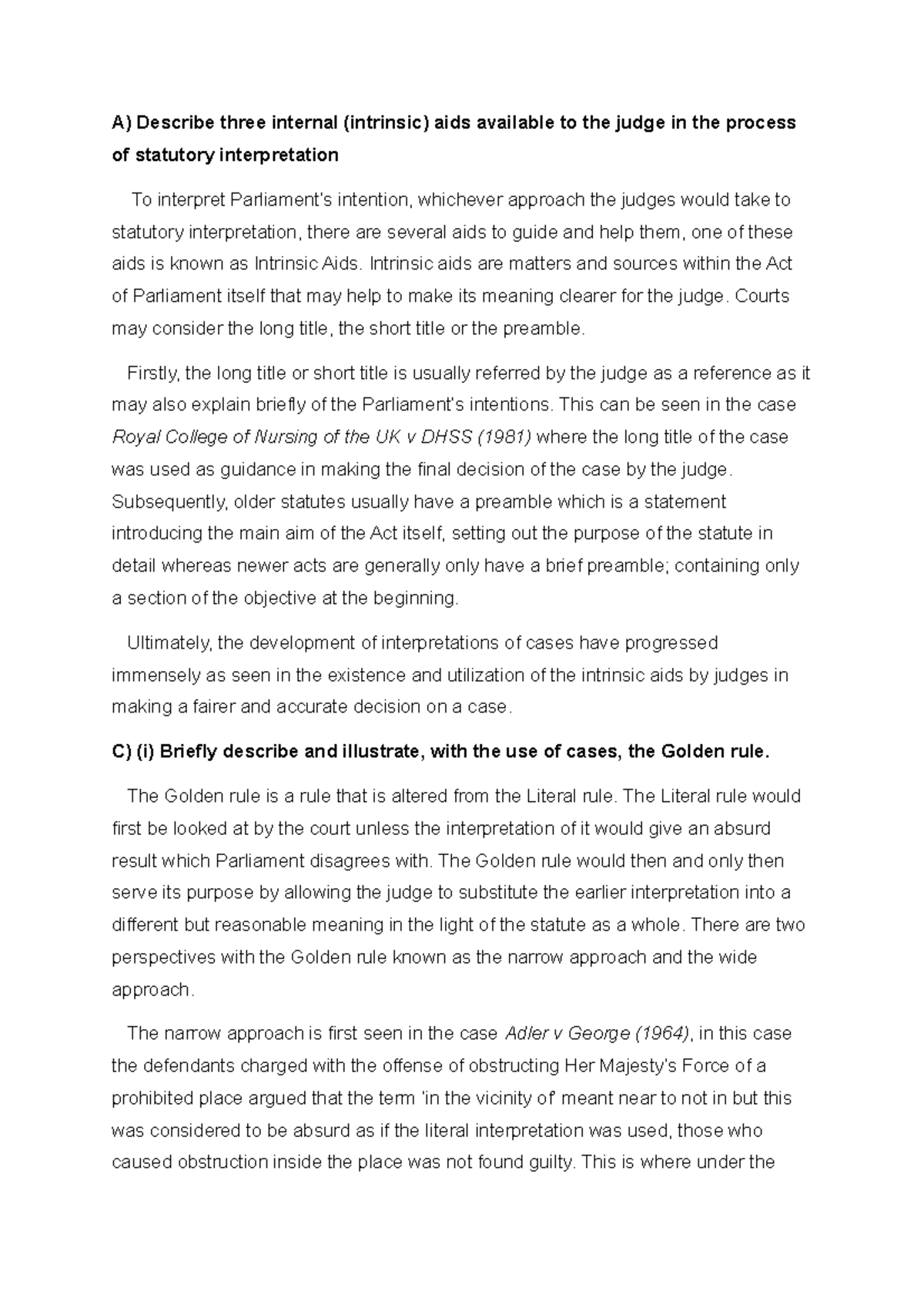 Statutory Interpretation A) Describe three internal (intrinsic) aids