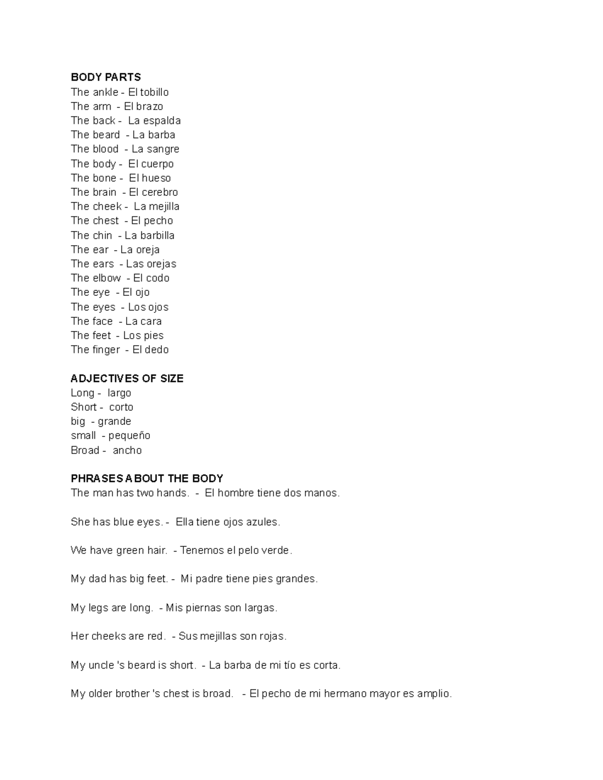 Body parts BODY PARTS The ankle El tobillo The arm El brazo The