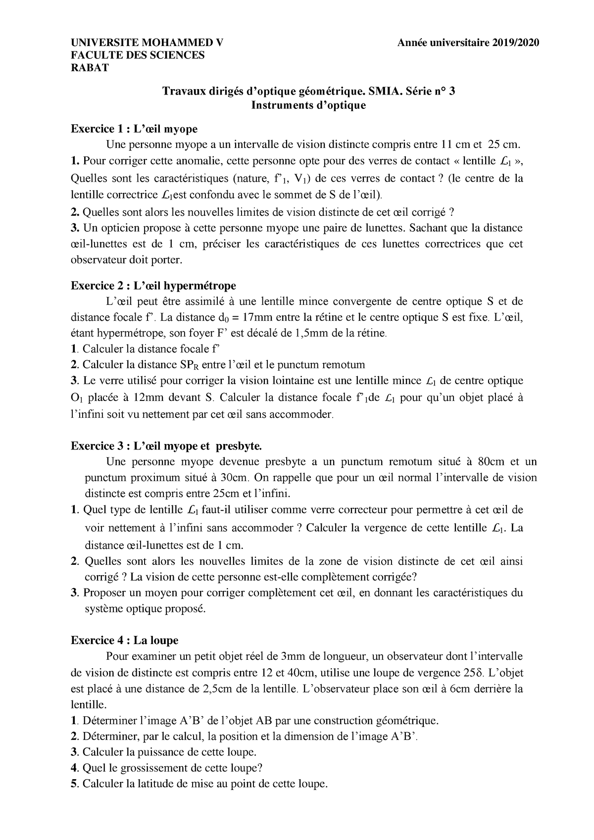 SMIA,S2,Optique Géométrique, TD3 - UNIVERSITE MOHAMMED V Année ...