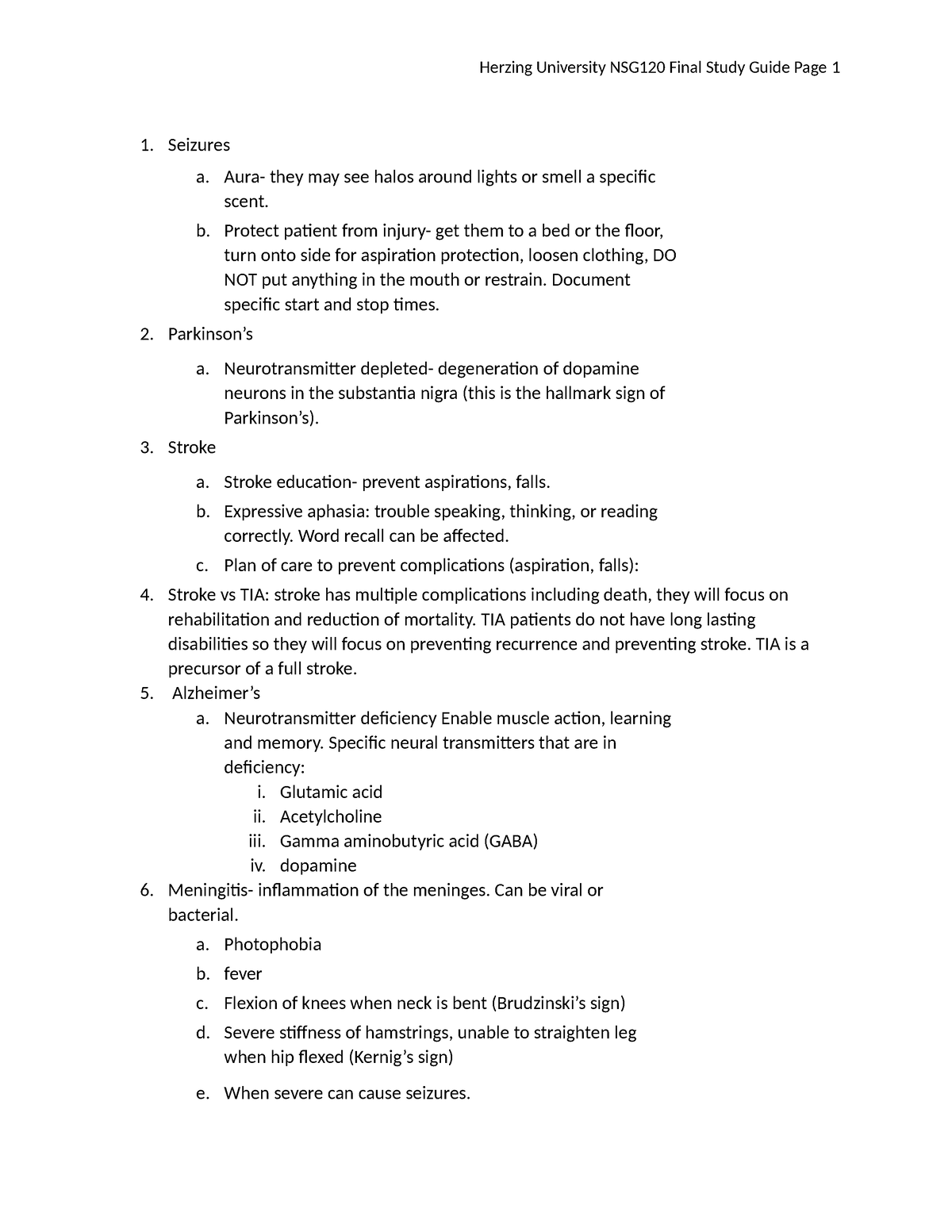 NSG 120 Pathology Final Exam Review - 1. Seizures a. Aura- they may see ...