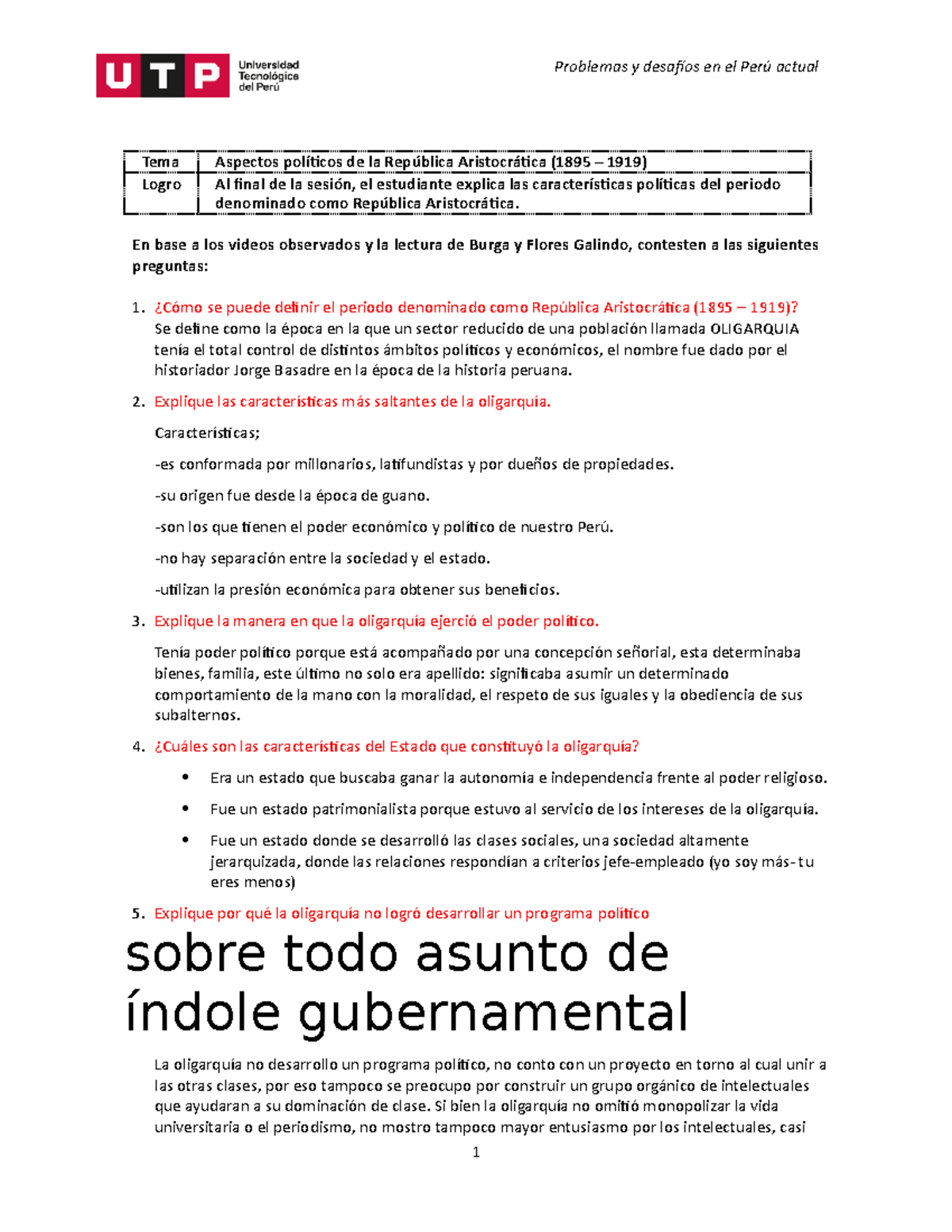 La República Aristrocrática aspectos políticos 2 Problemas y