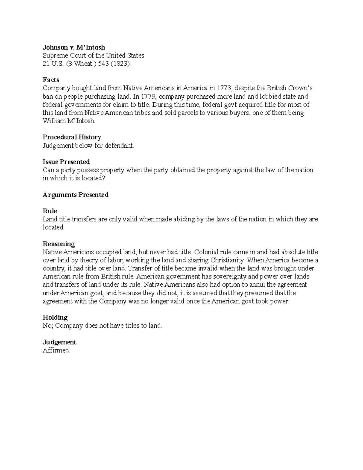 Johnson v M'Intosh Case brief. Johnson v. M’Intosh Supreme Court of