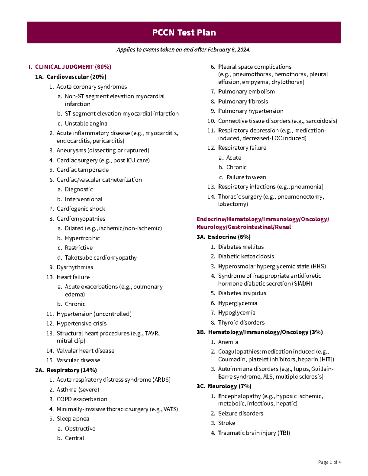 Pccn-test-plan - Summary English A - I. CLINICAL JUDGMENT (80%) 1A ...