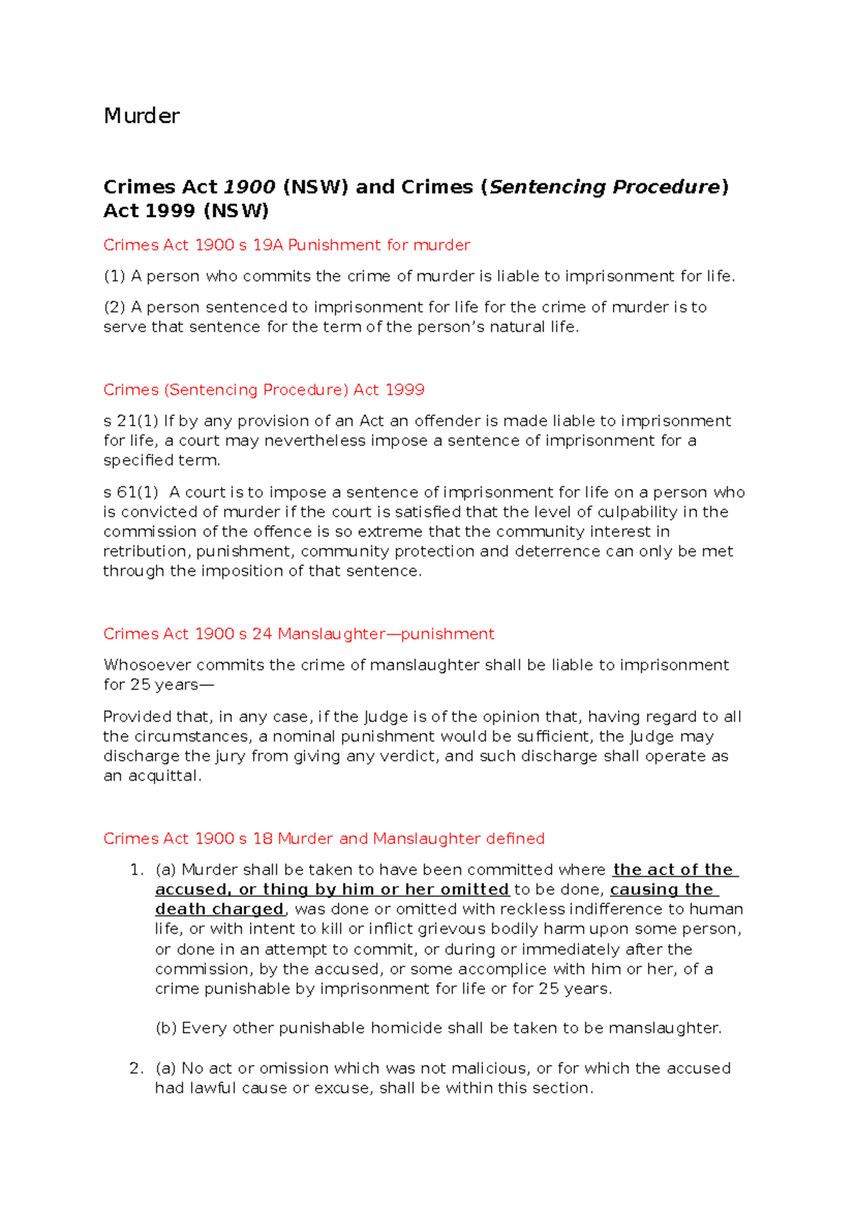 Exam Notes Murder - Murder Crimes Act 1900 (NSW) And Crimes (Sentencing ...