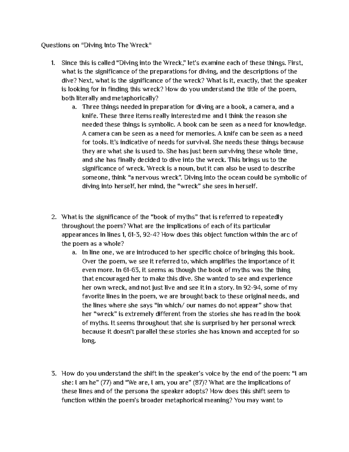 Questions on Diving Into The Wreck Questions on "Diving Into The