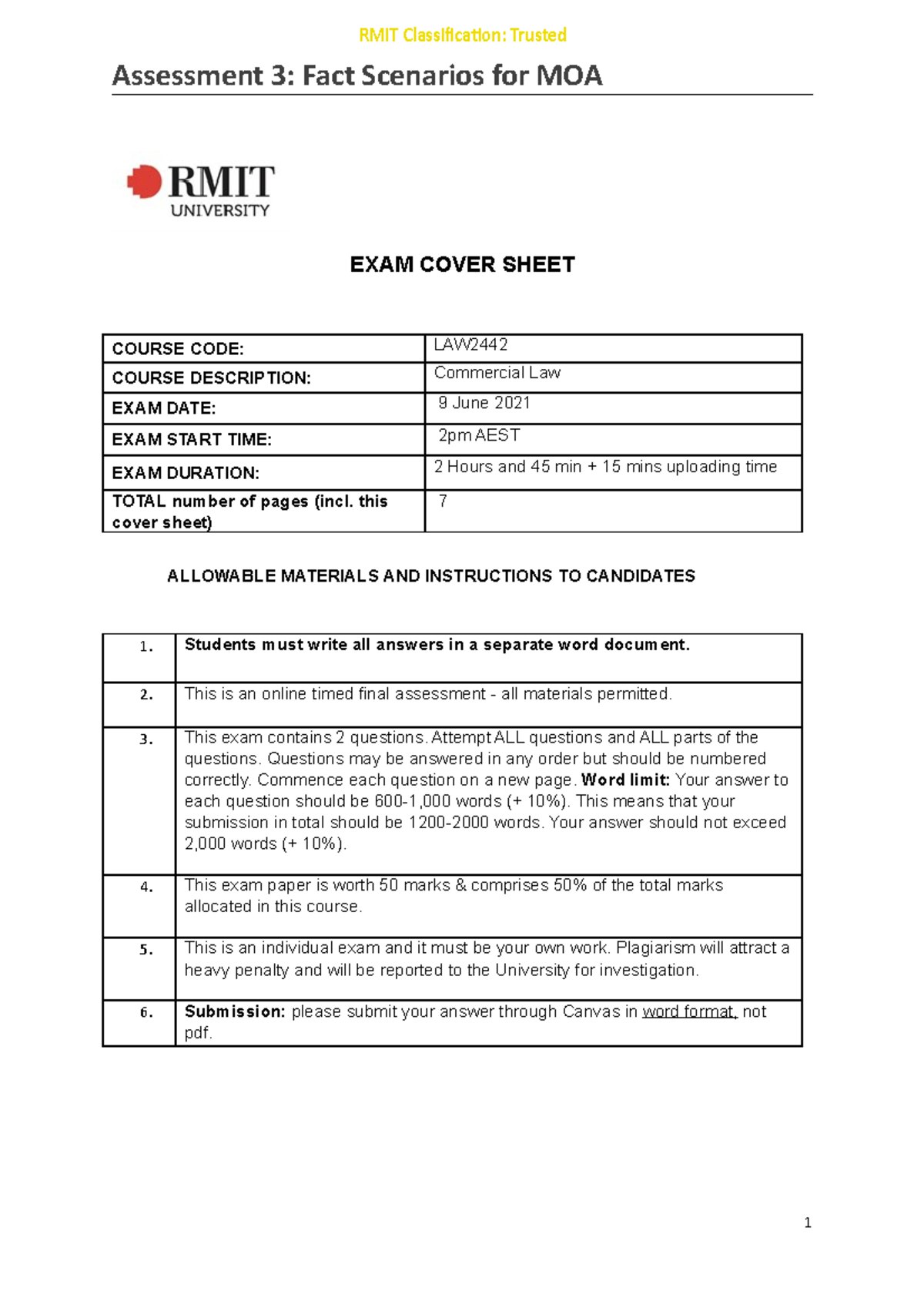 LAW2442 MAIN EXAM 2021 SEM 1 - Assessment 3: Fact Scenarios for MOA ...