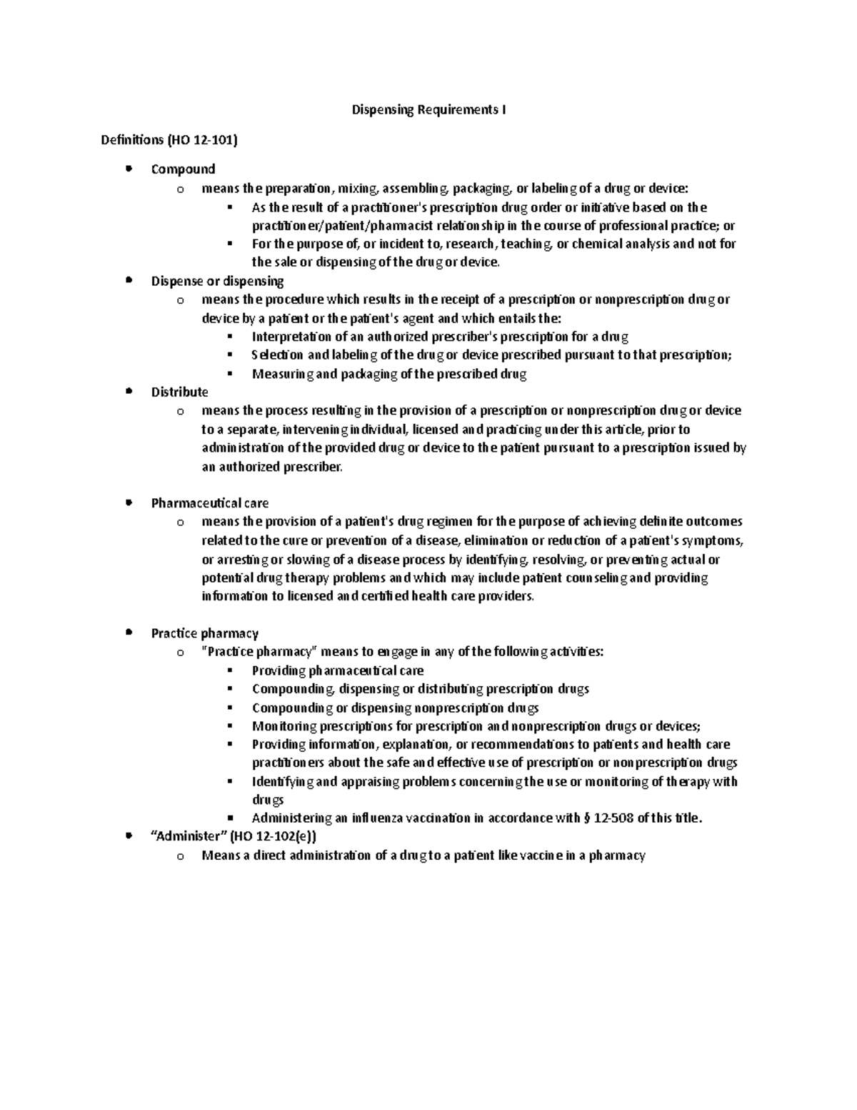 Dispensing Requirements I notes Dispensing Requirements I Definitions
