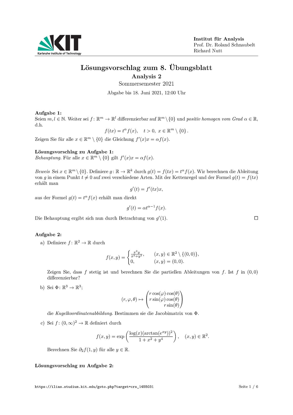 Blatt Sol Ss Ana Bungsbl Tter Institut F R Analysis Prof Dr Roland Schnaubelt