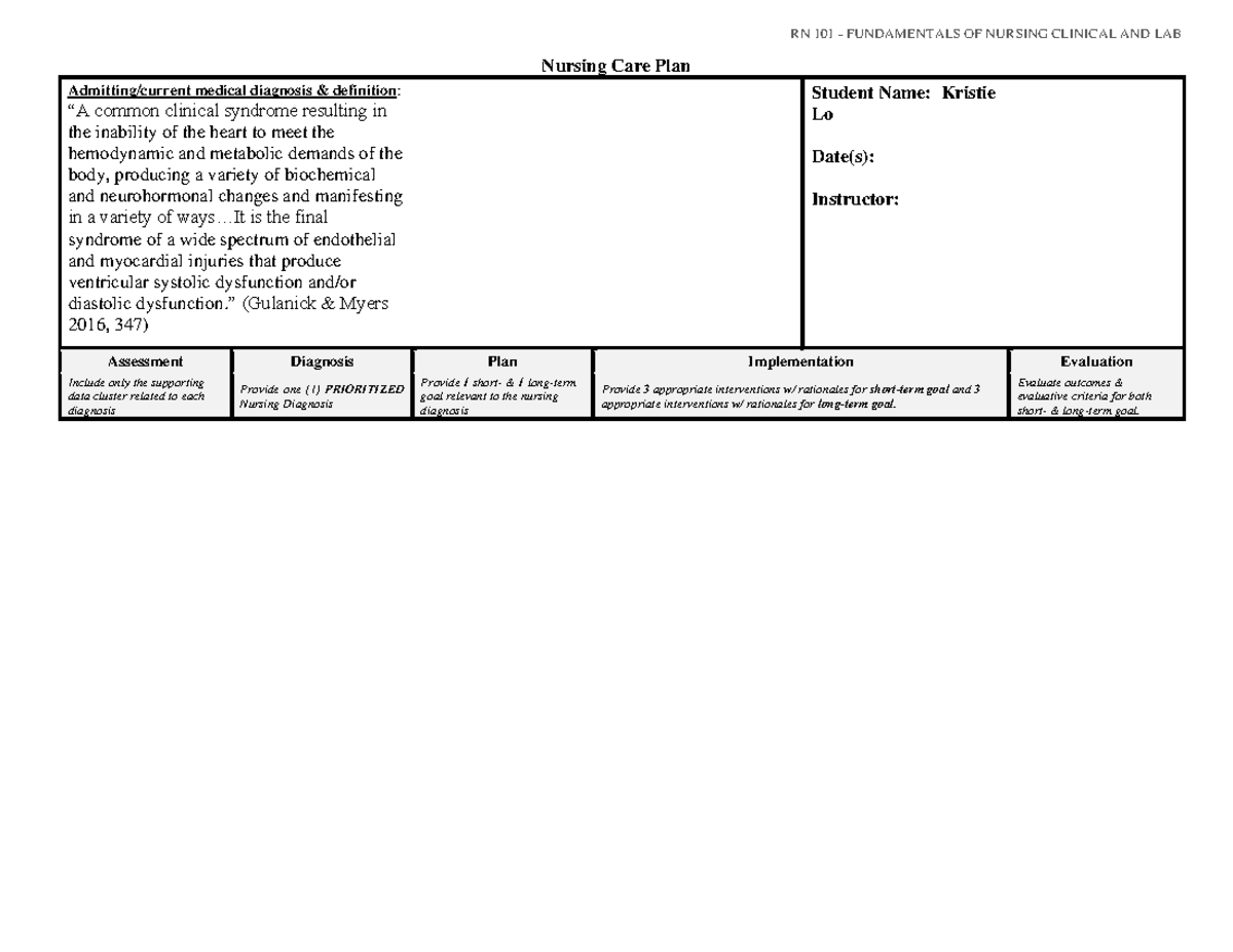 NCP wk6 - care plan - RN 101 - FUNDAMENTALS OF NURSING CLINICAL AND LAB ...